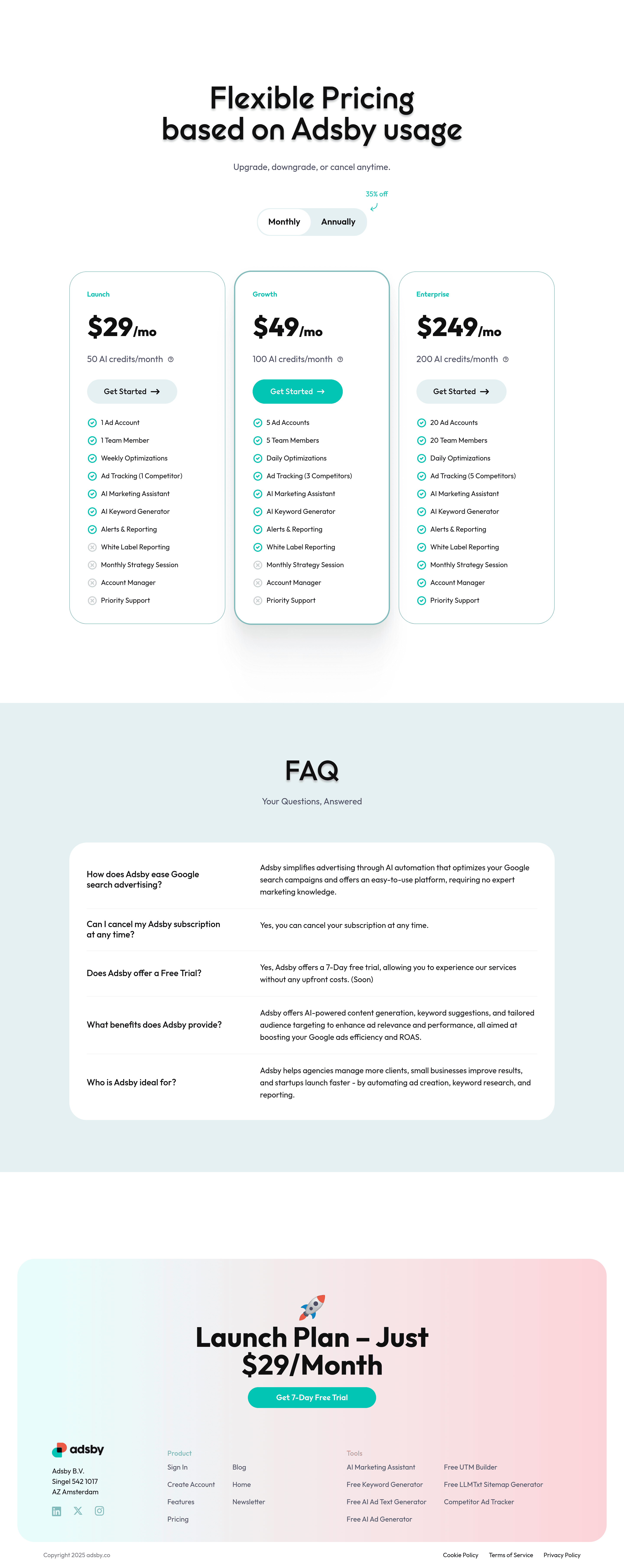 Adsby 2.0 pricing page screenshot