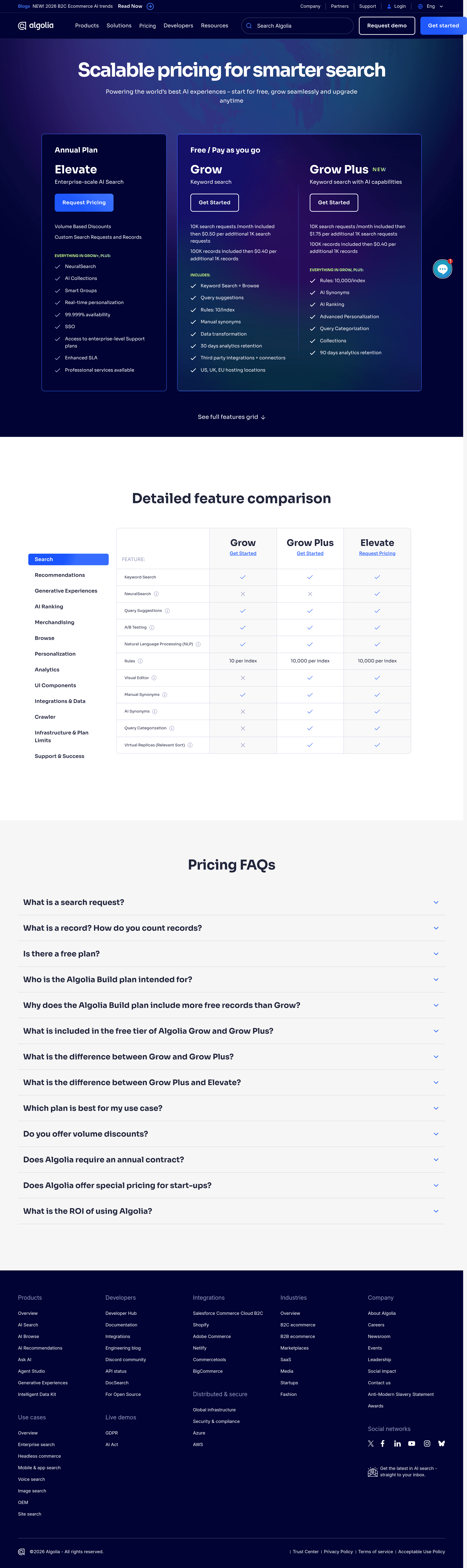Algolia pricing page screenshot