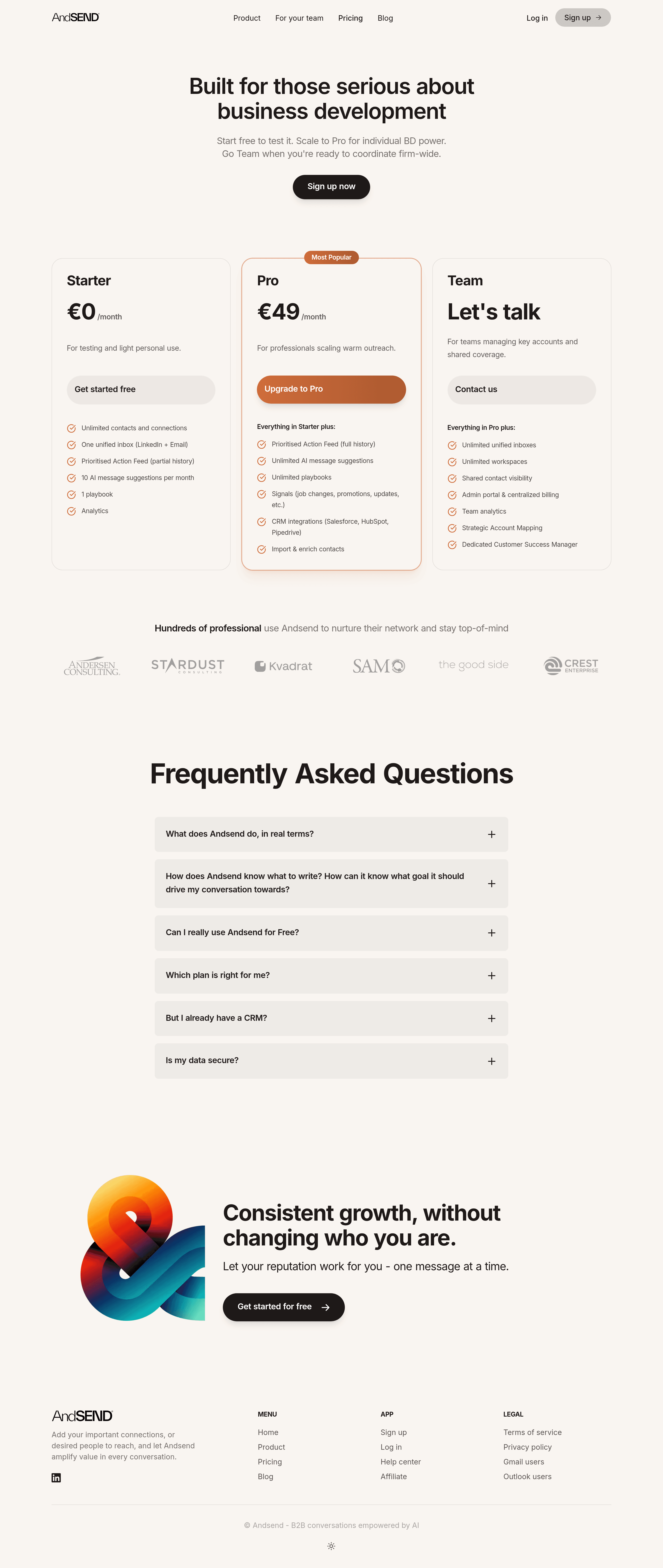 Andsend pricing page screenshot