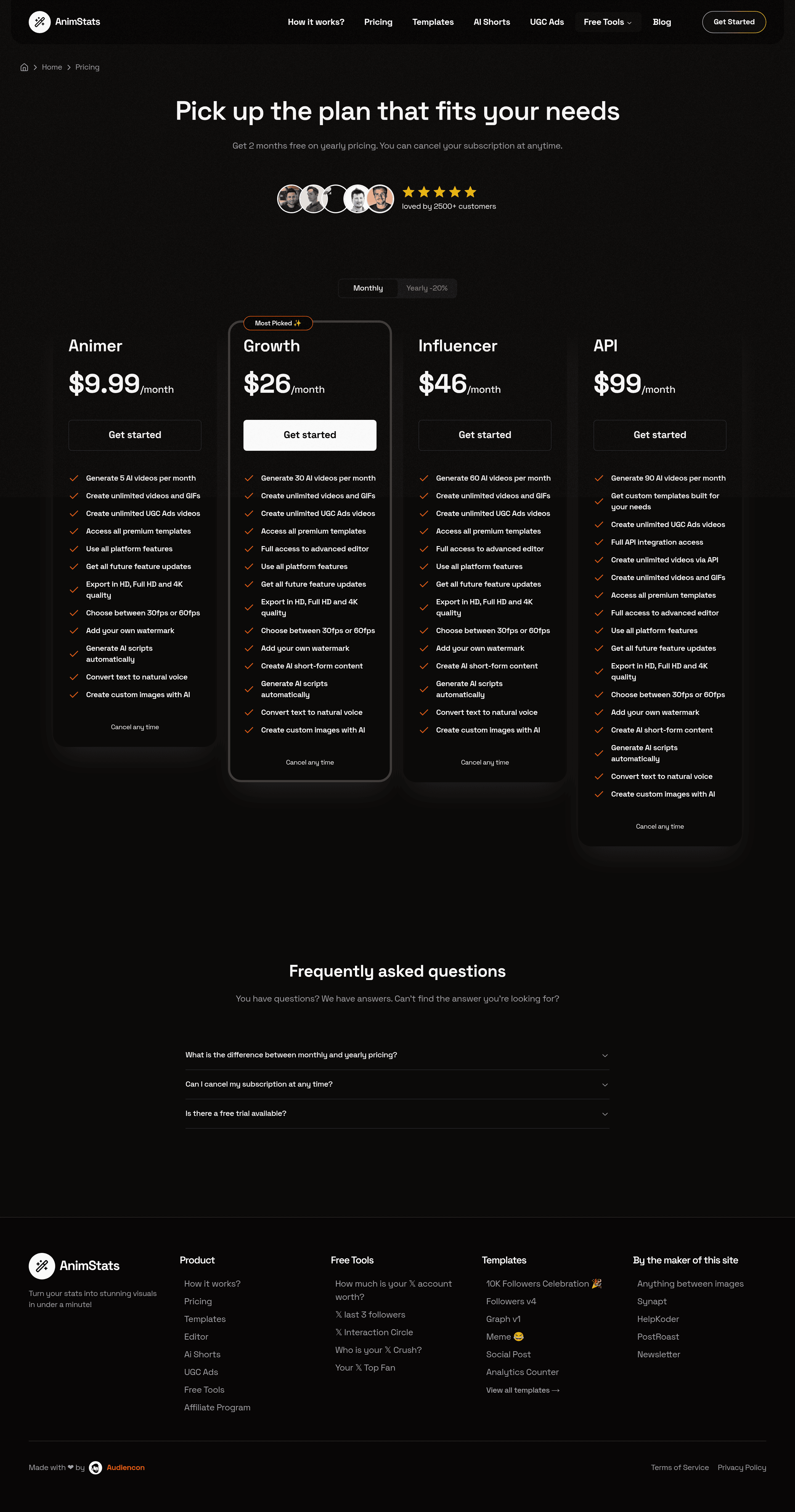 AnimStats pricing page screenshot