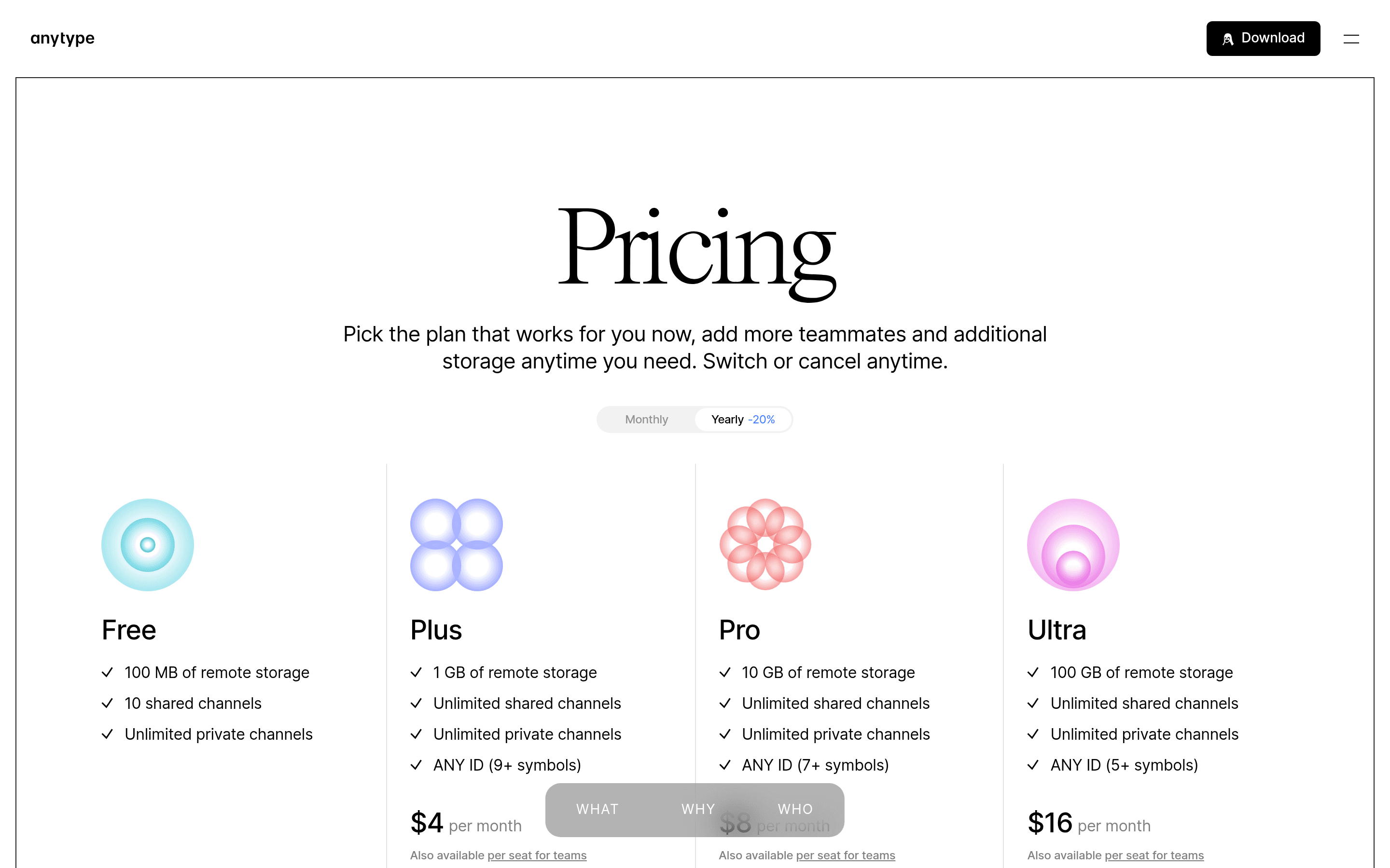 Anytype - Public Beta pricing page screenshot