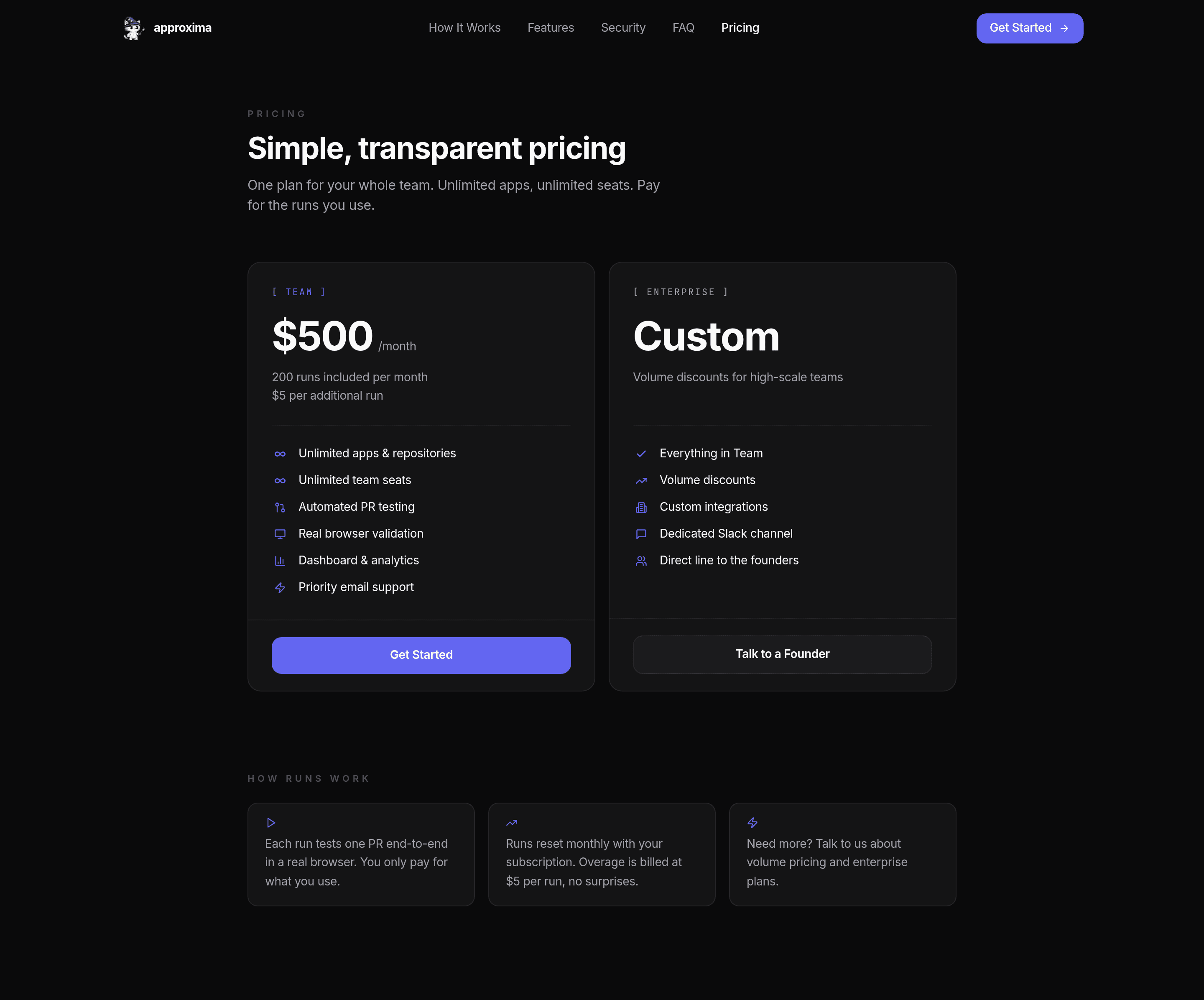 Approxima pricing page screenshot