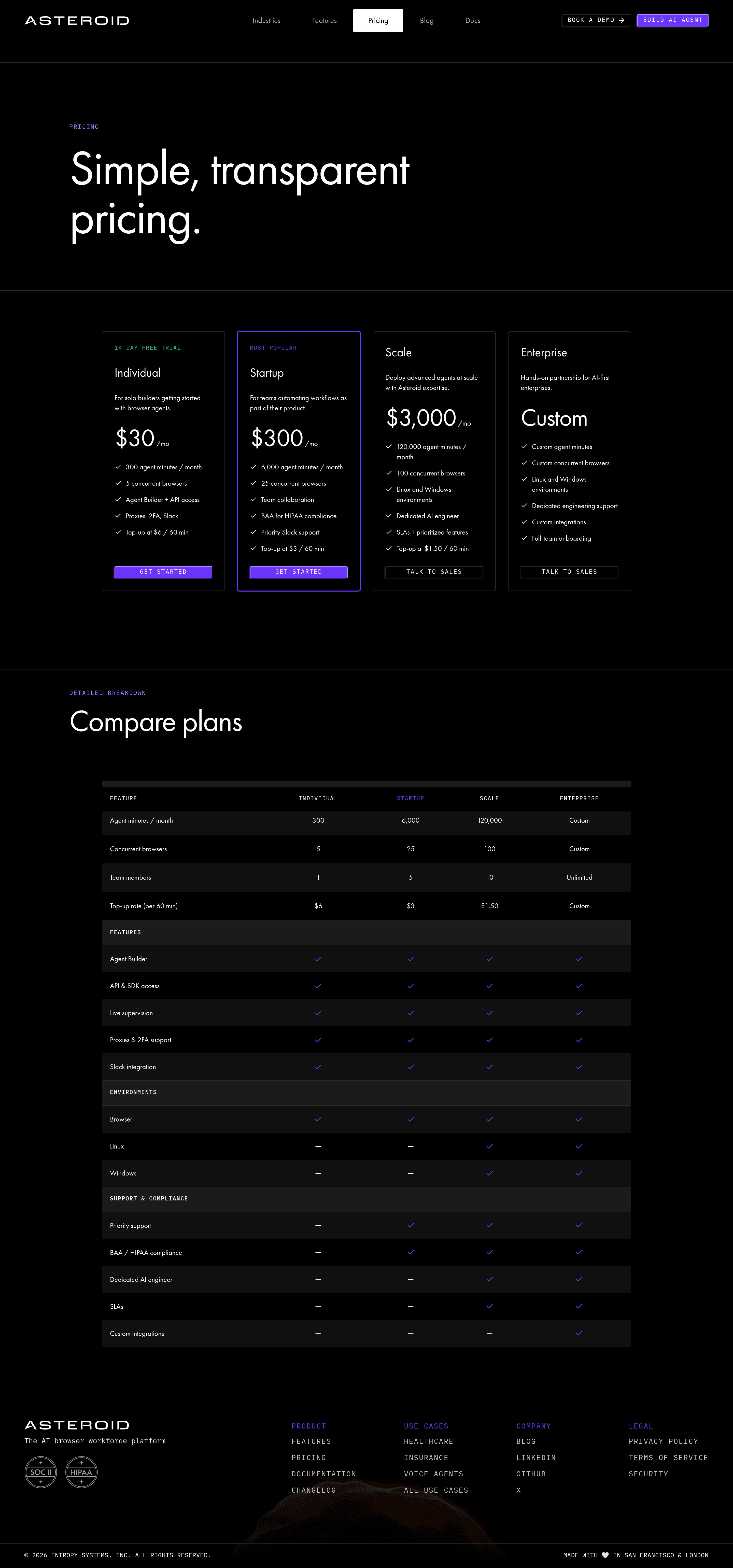 Asteroid pricing page screenshot