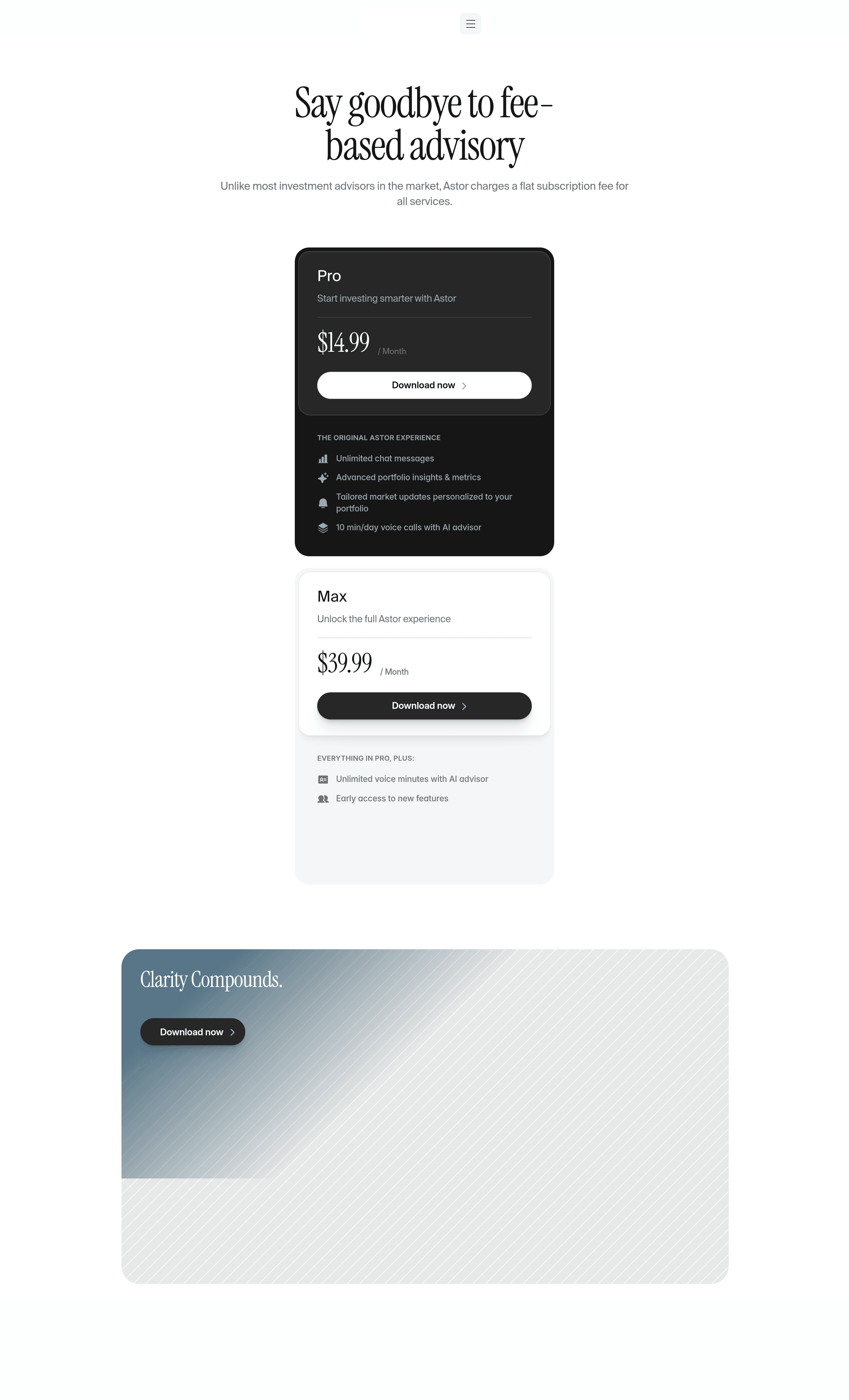 Astor pricing page screenshot