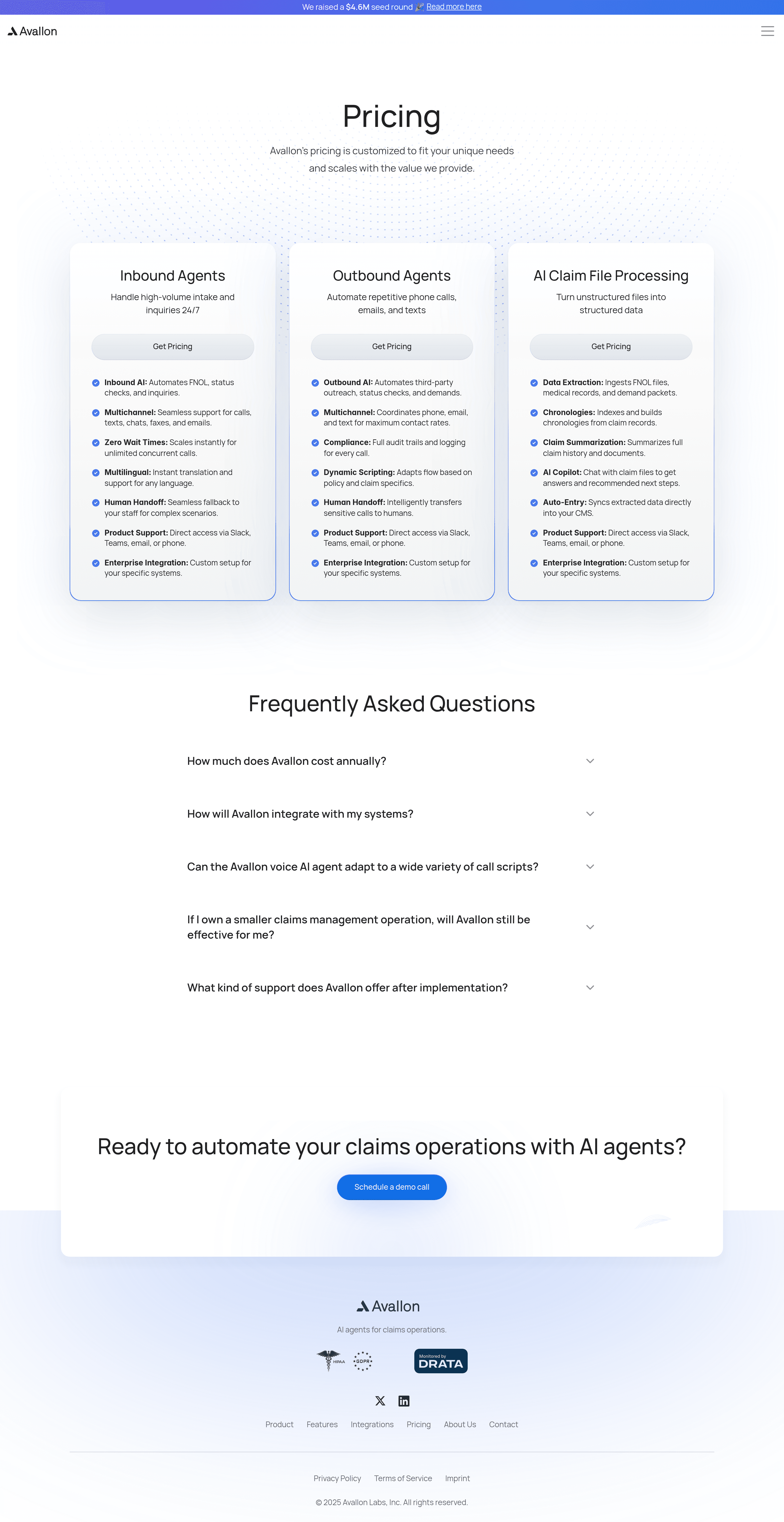 Avallon AI pricing page screenshot