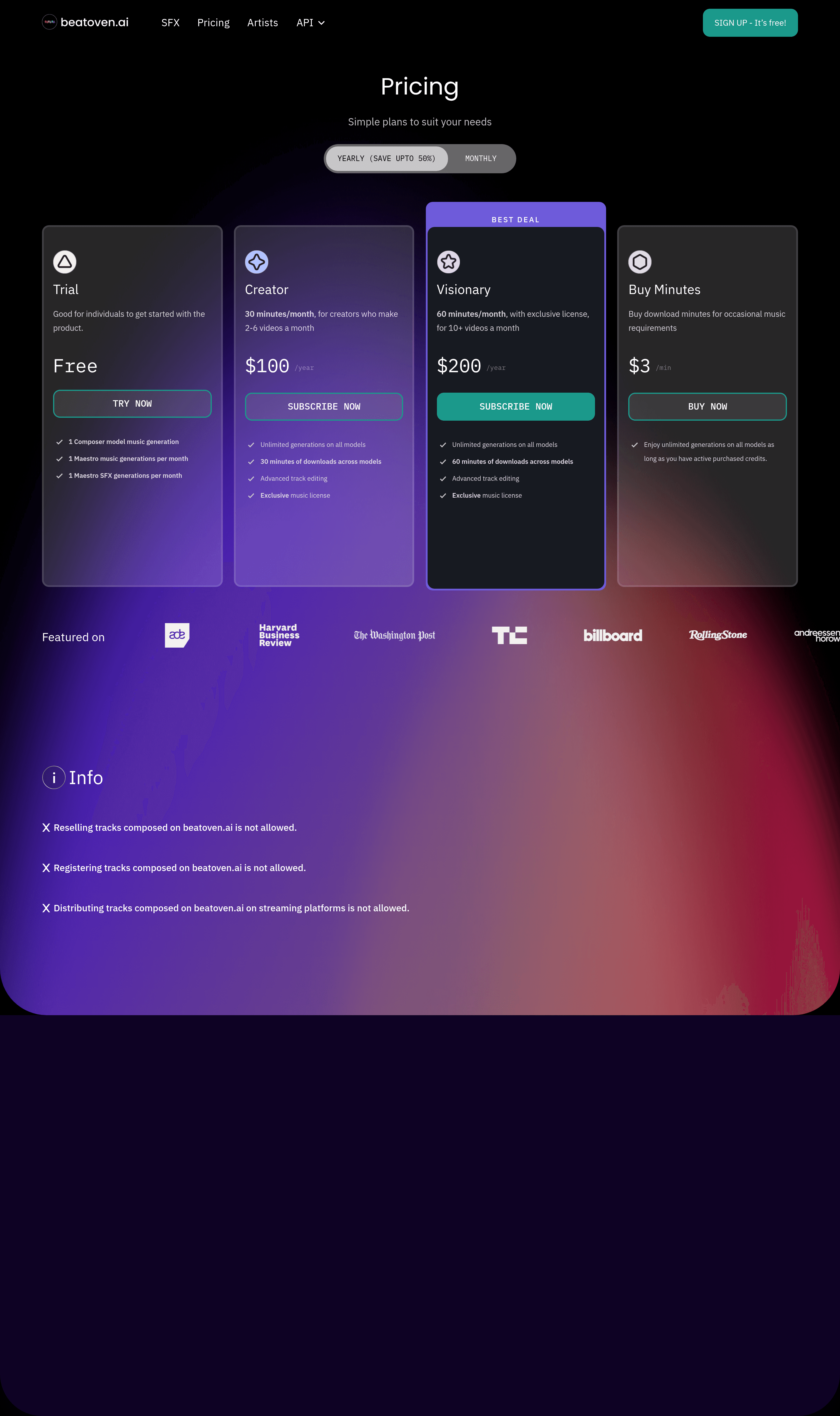 Beatoven.ai pricing page screenshot