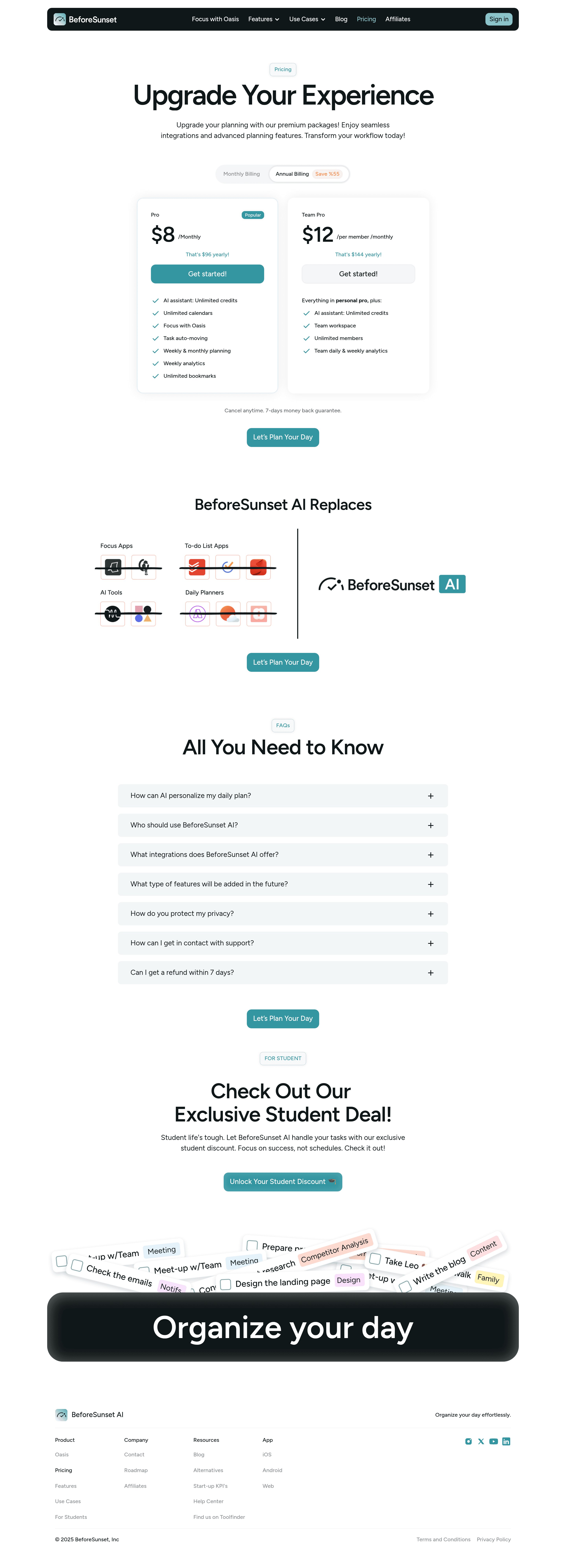 BeforeSunset AI Teams pricing page screenshot