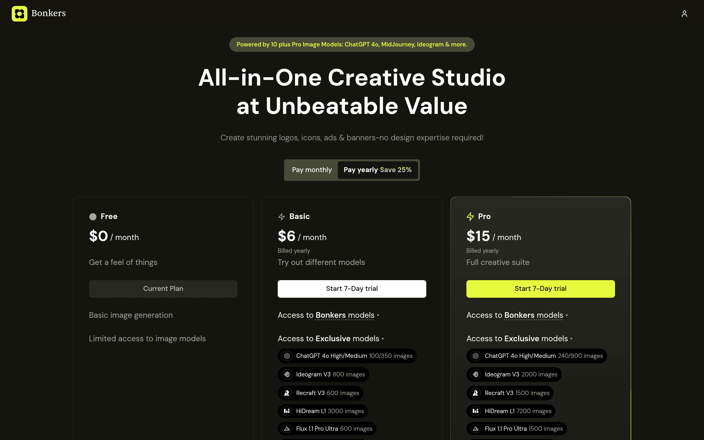 Bonkers pricing page screenshot