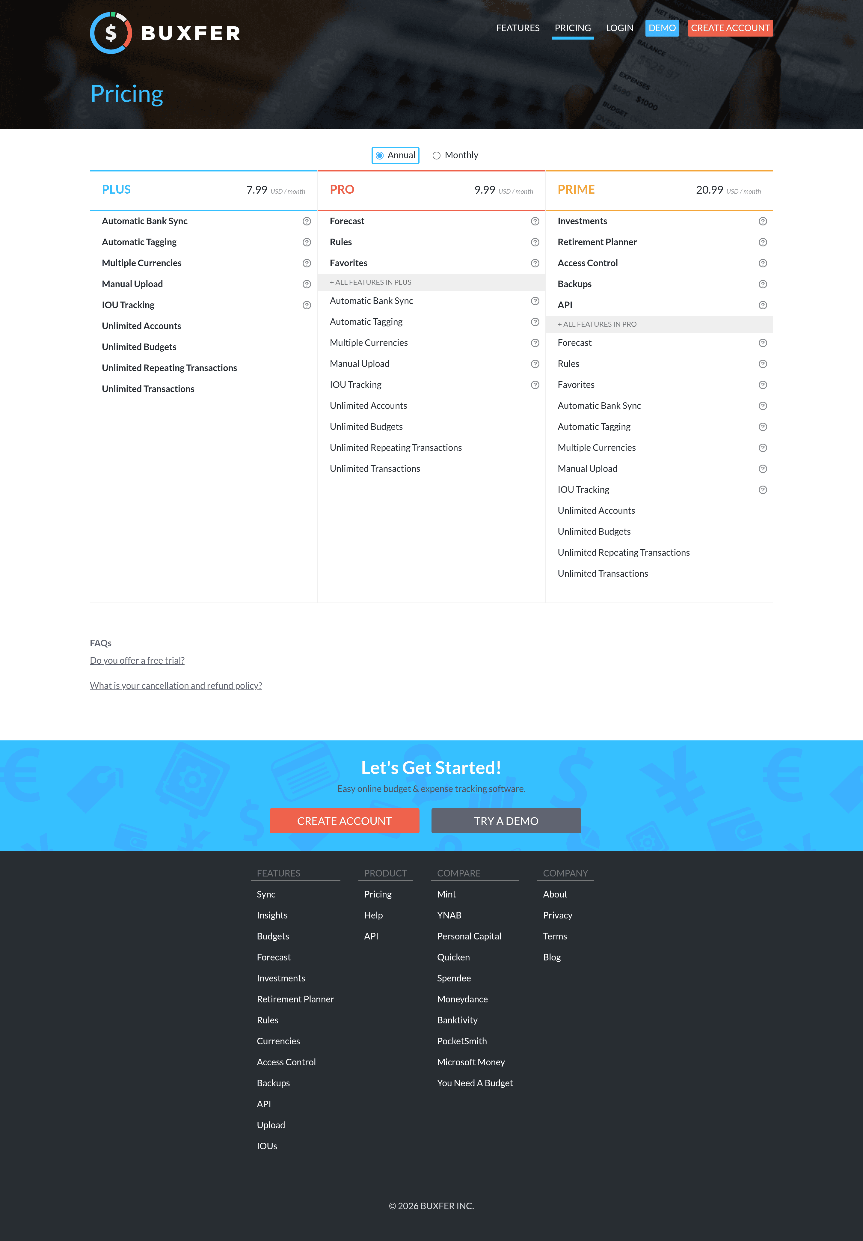 Buxfer pricing page screenshot
