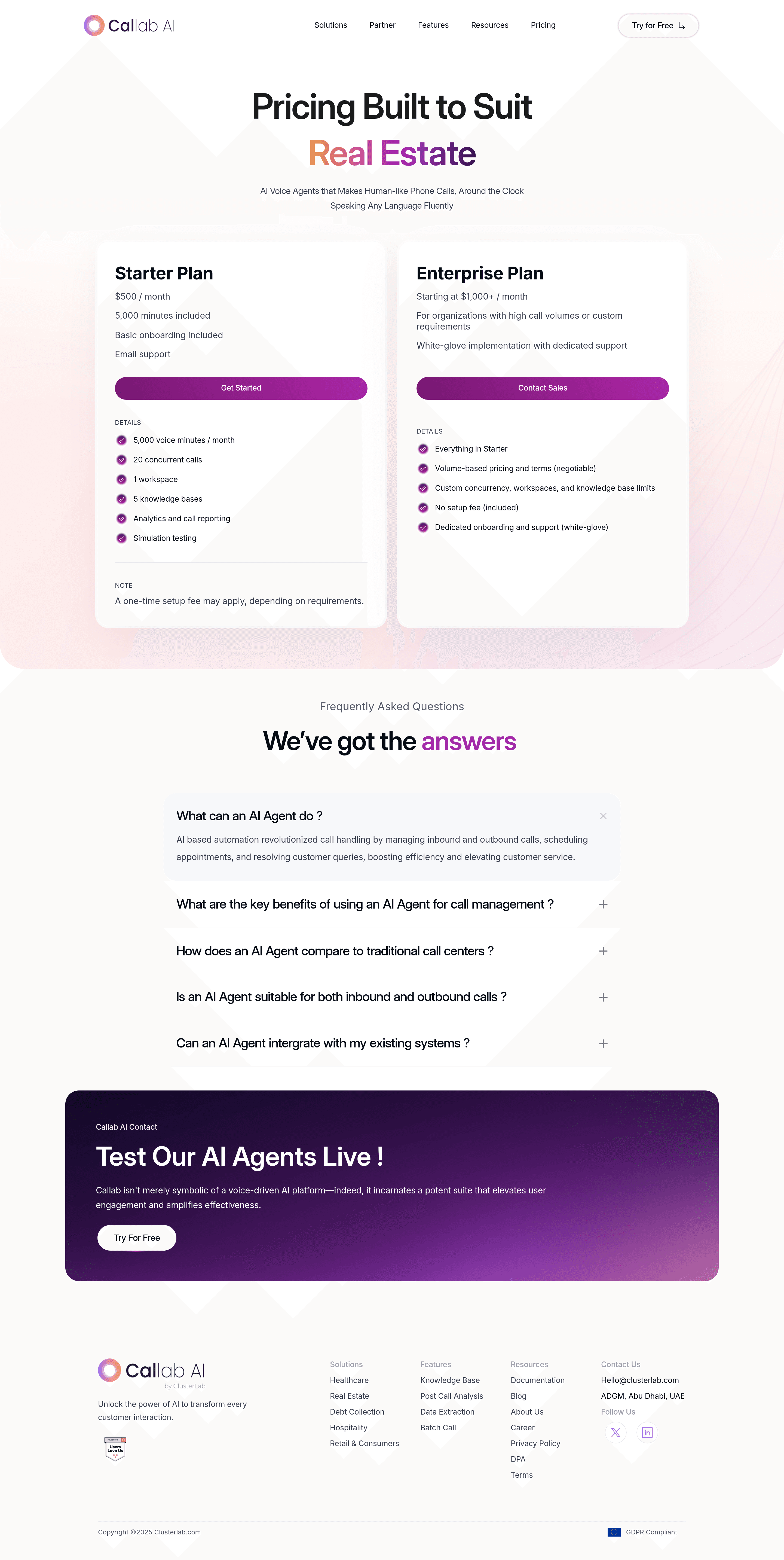 Callab AI pricing page screenshot
