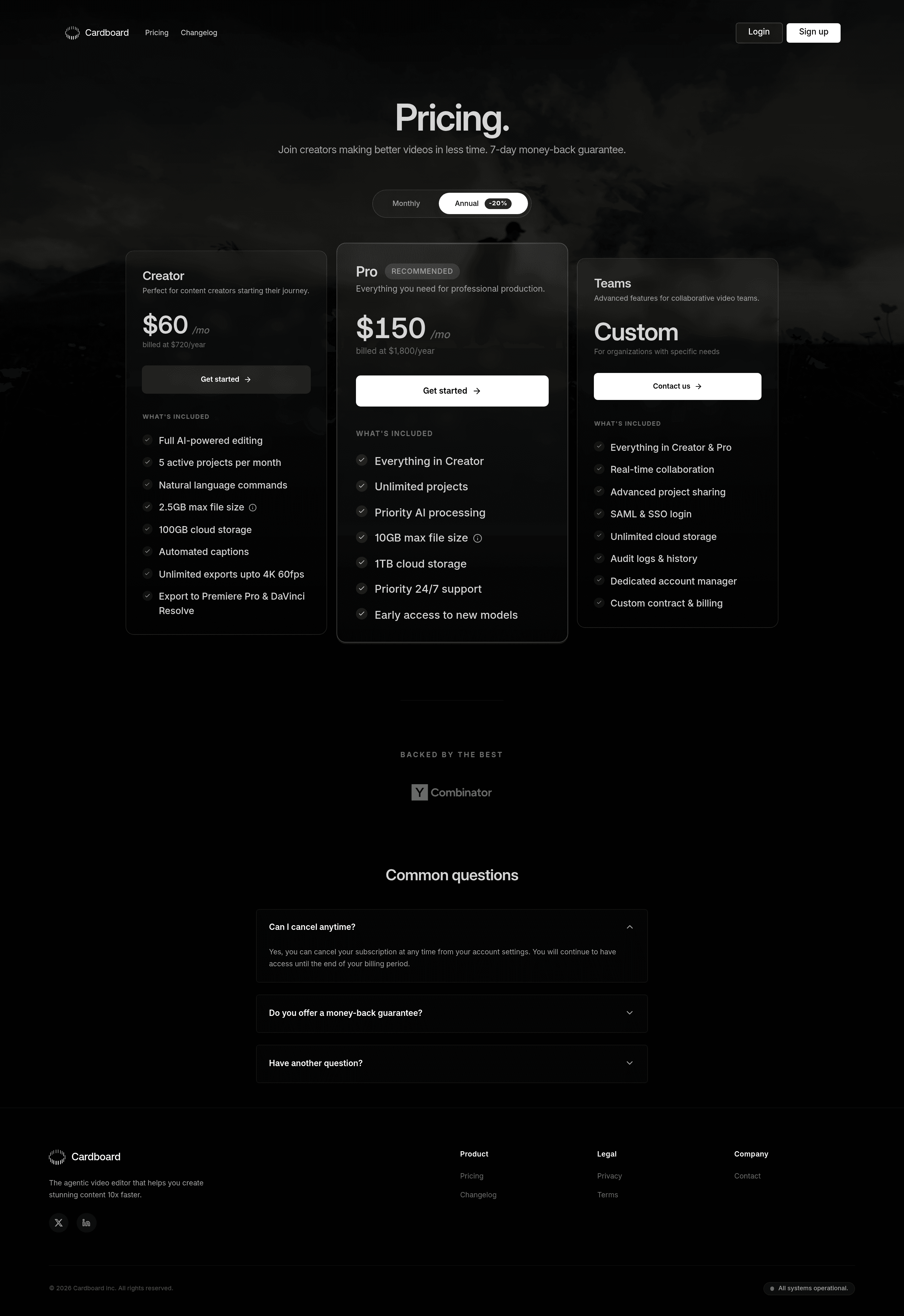 Cardboard pricing page screenshot