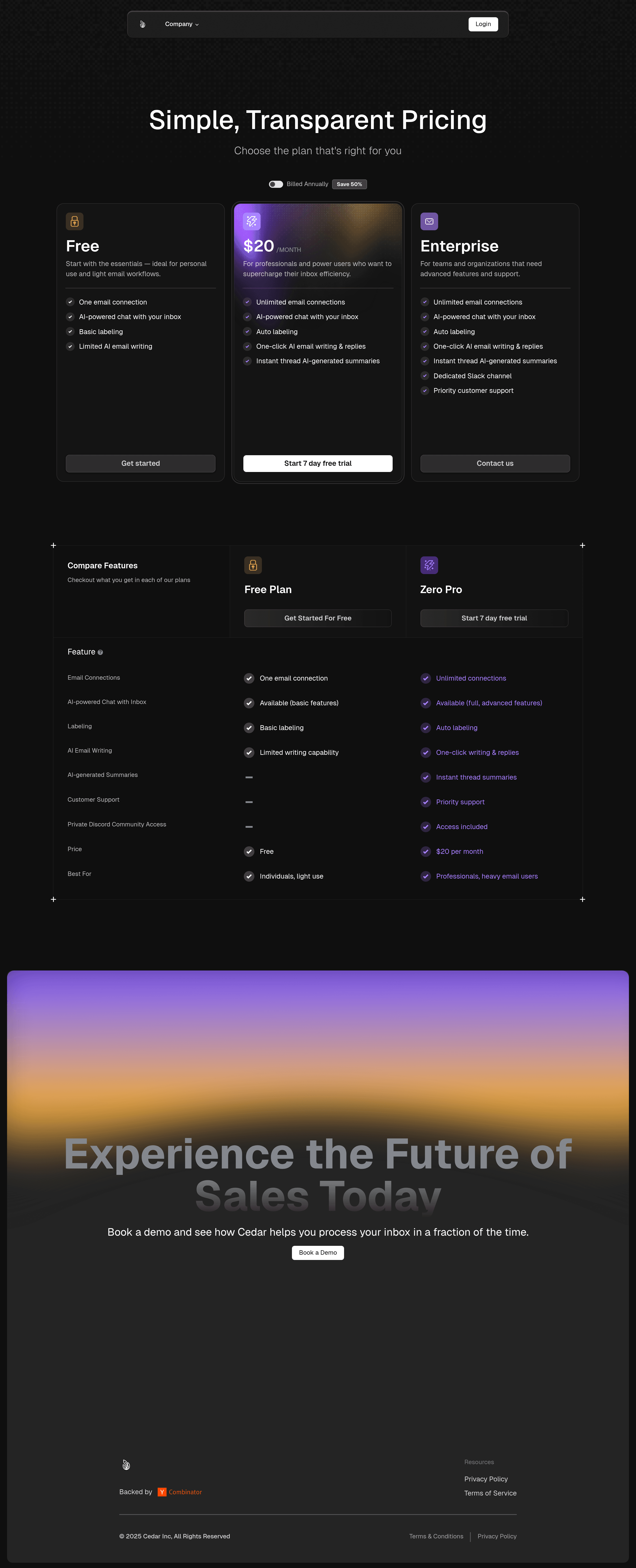 Cedar pricing page screenshot