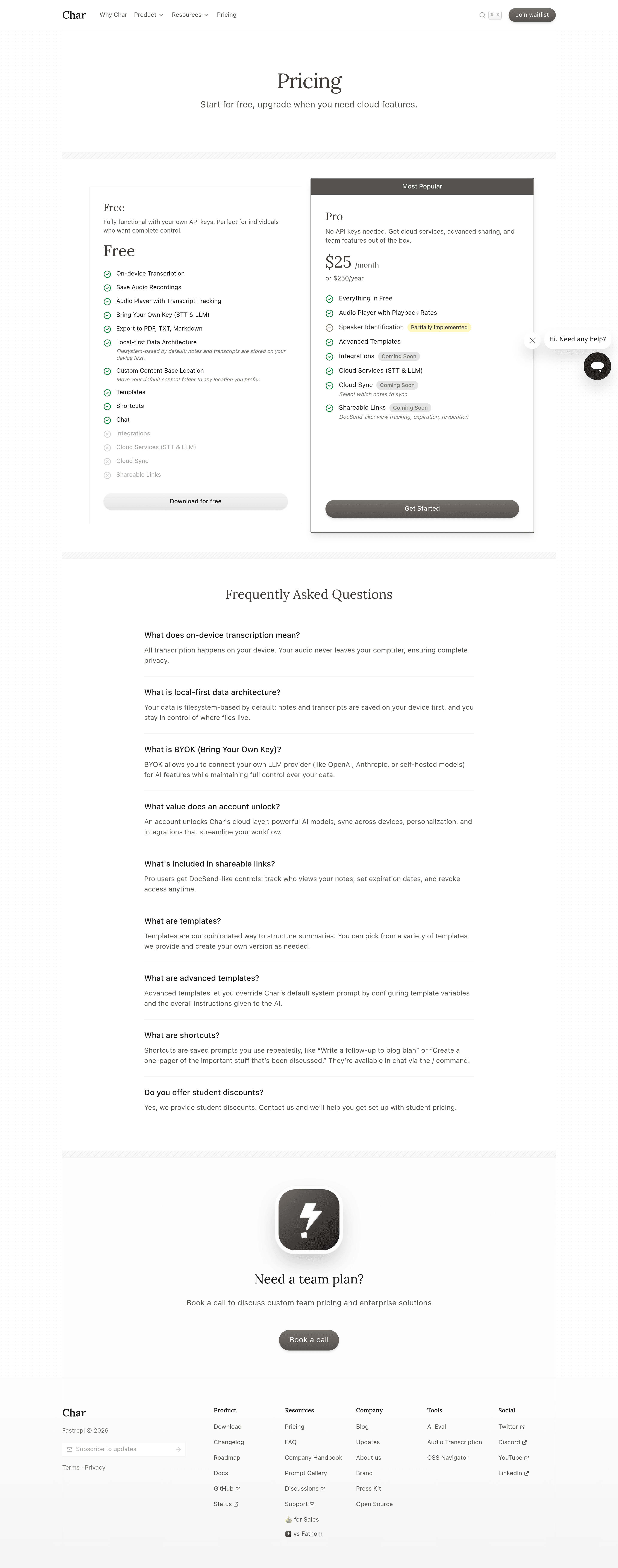 Char pricing page screenshot