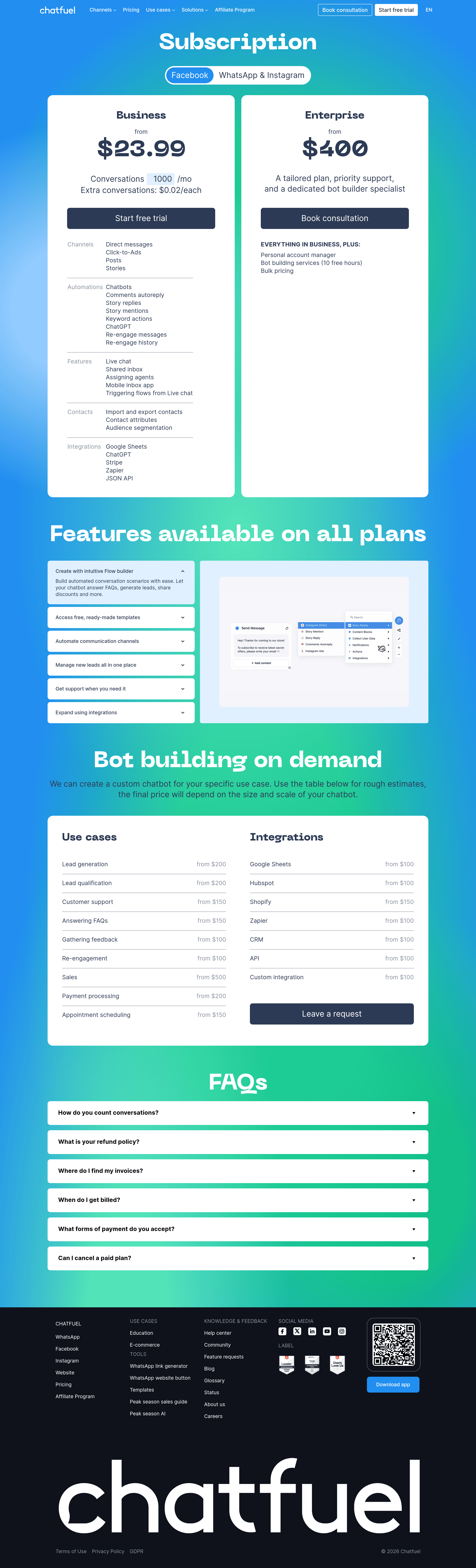 Chatfuel pricing page screenshot