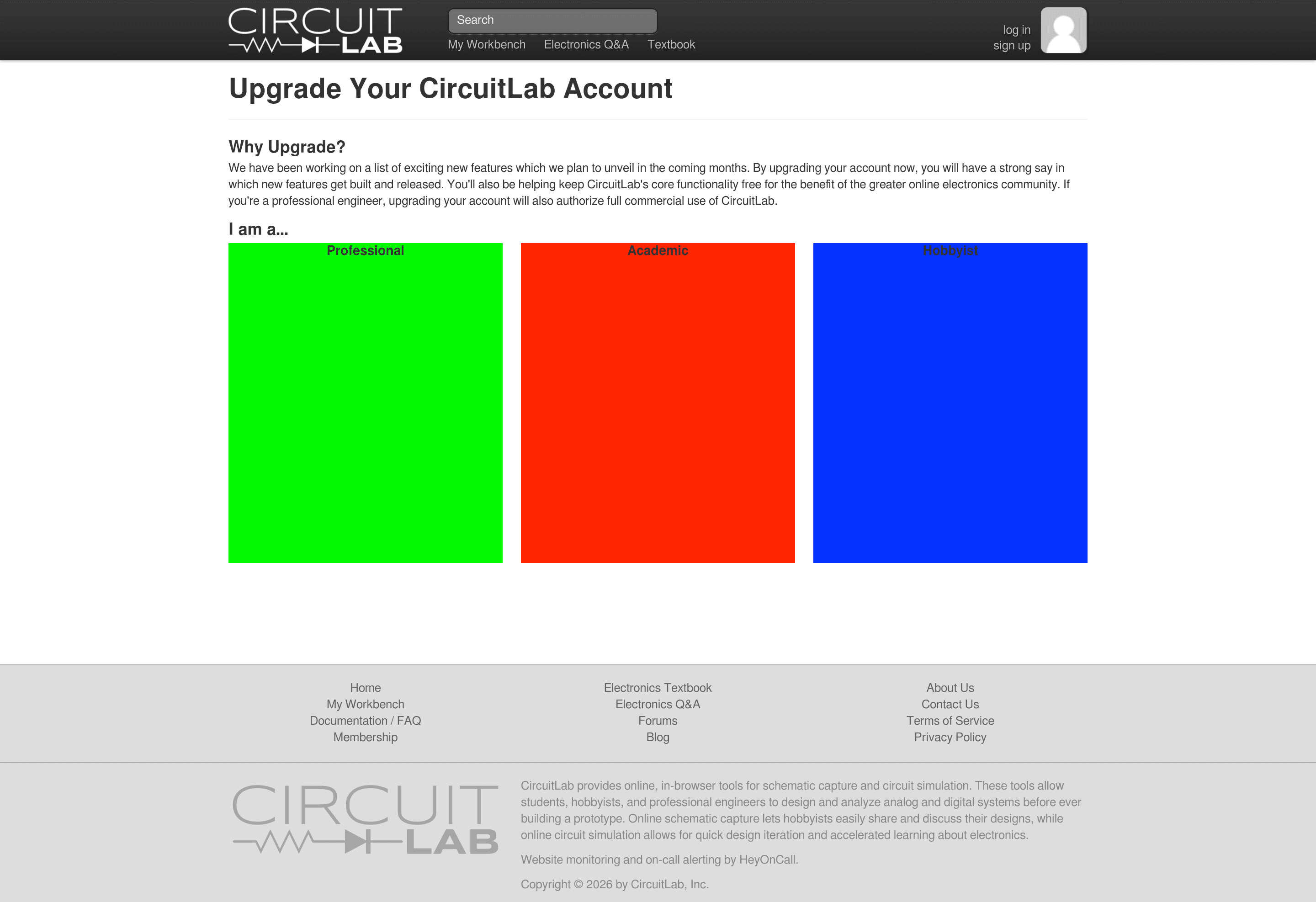 CircuitLab pricing page screenshot