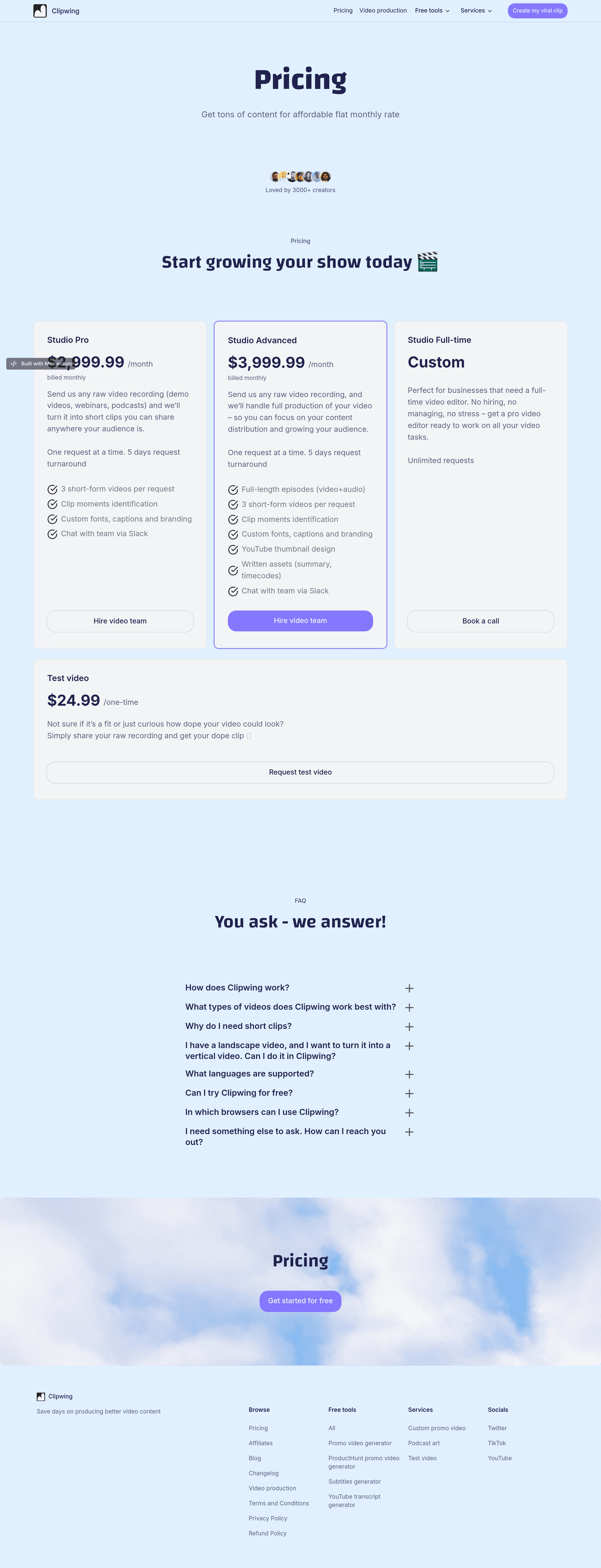 Clipwing  pricing page screenshot