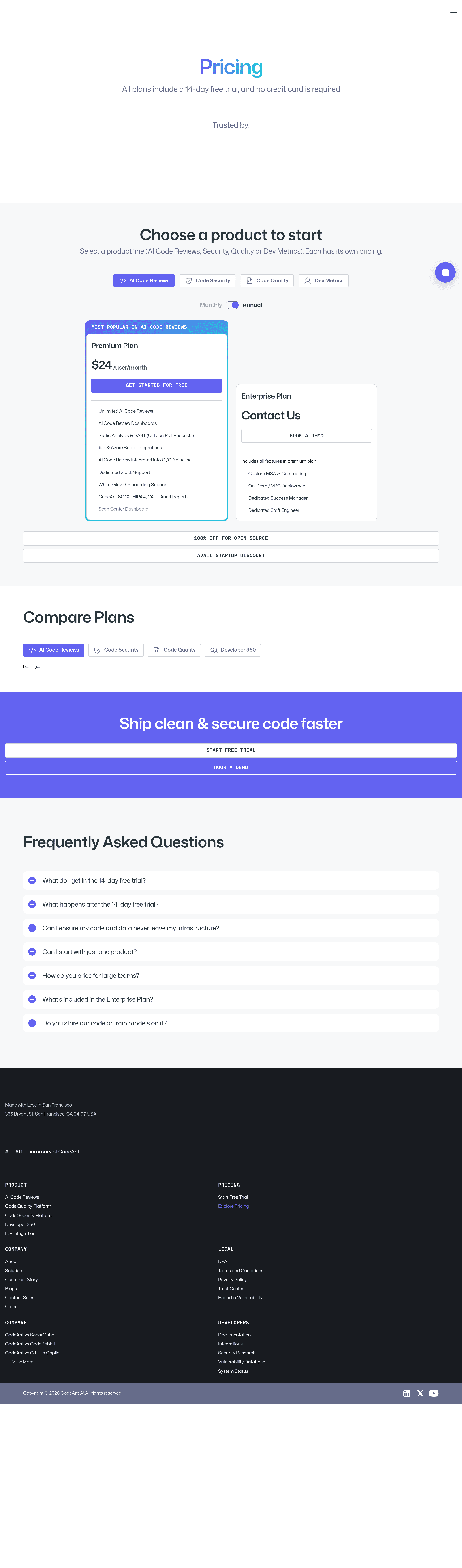 CodeAnt AI pricing page screenshot
