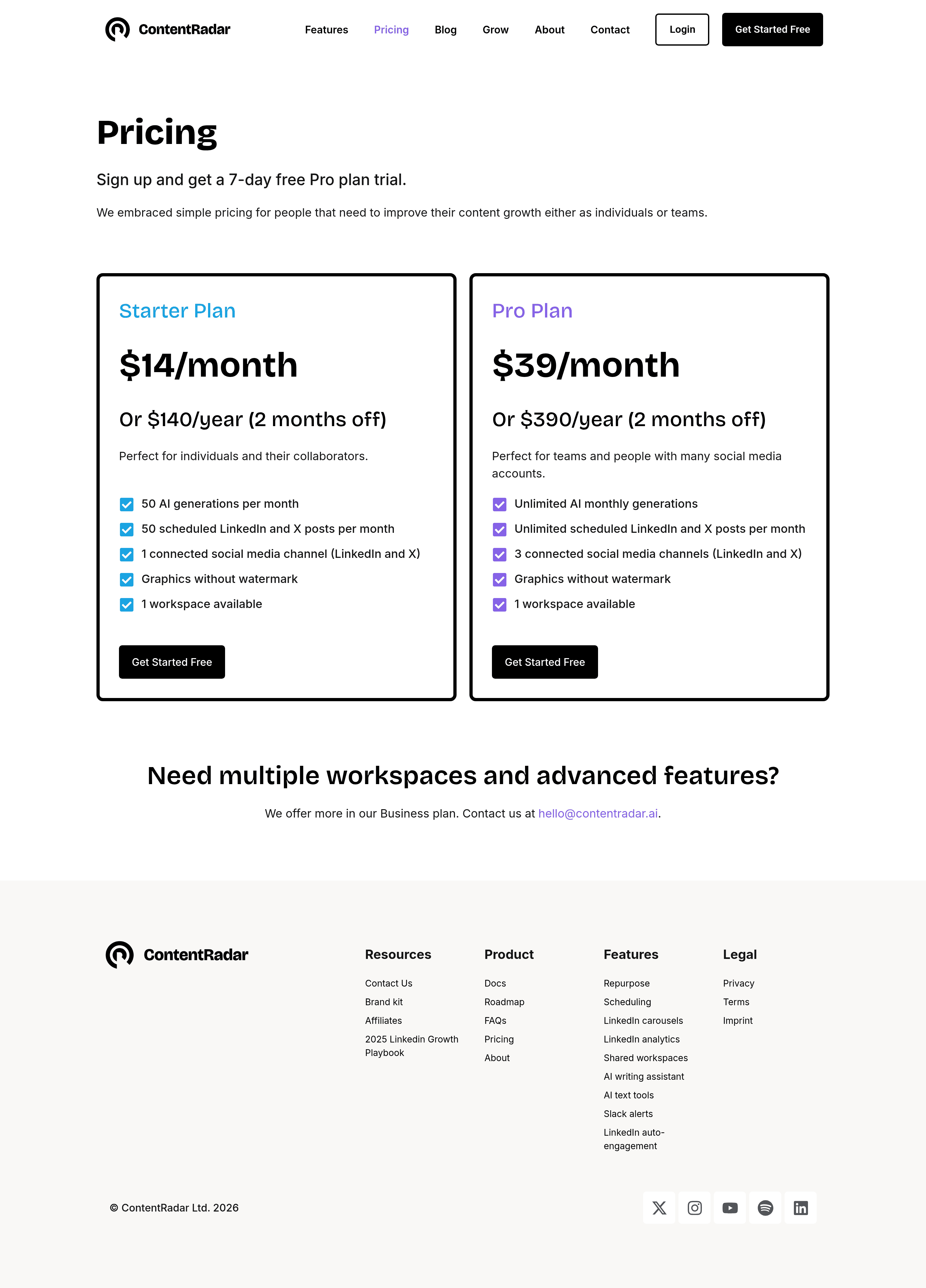 ContentRadar pricing page screenshot