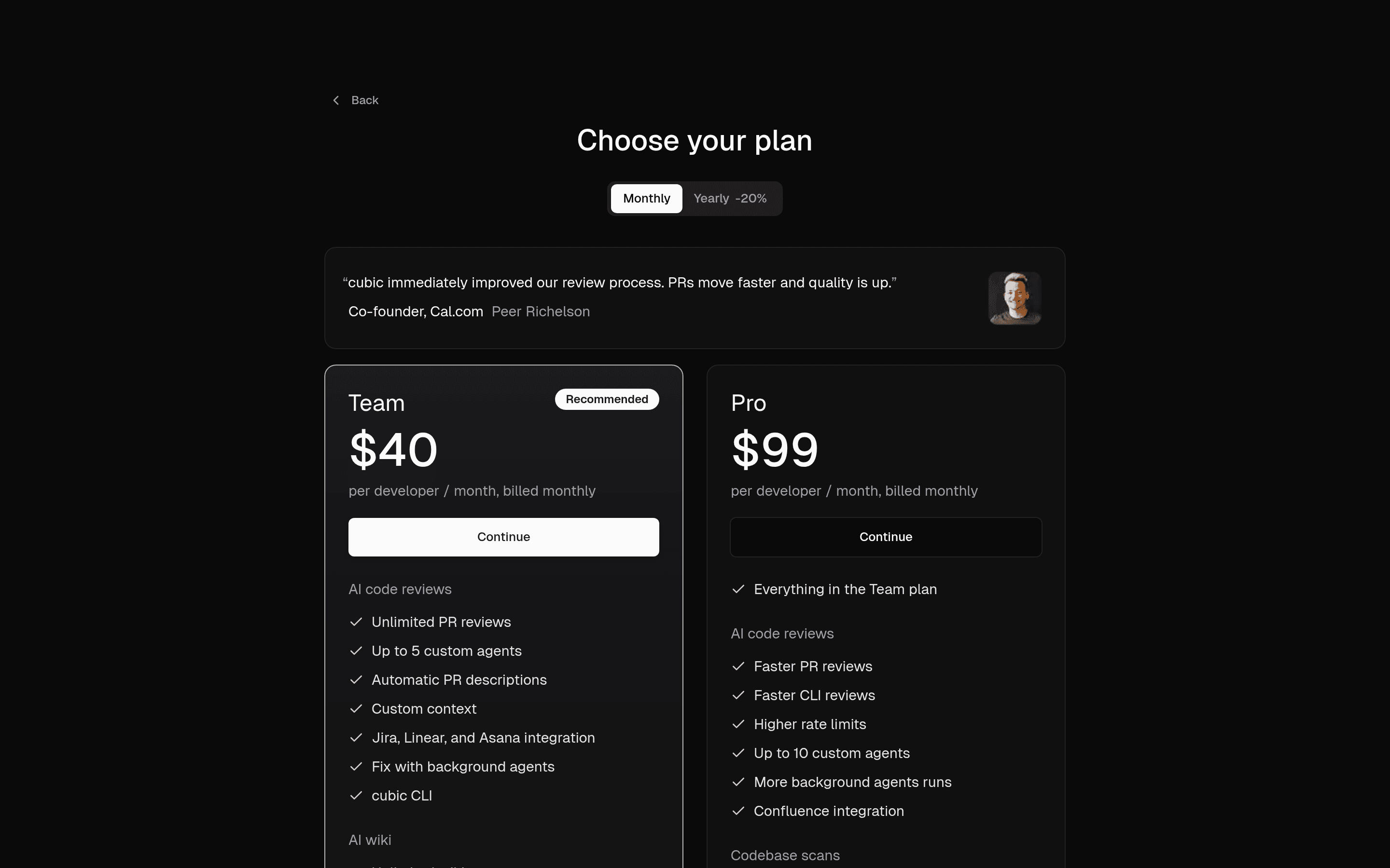 cubic pricing page screenshot