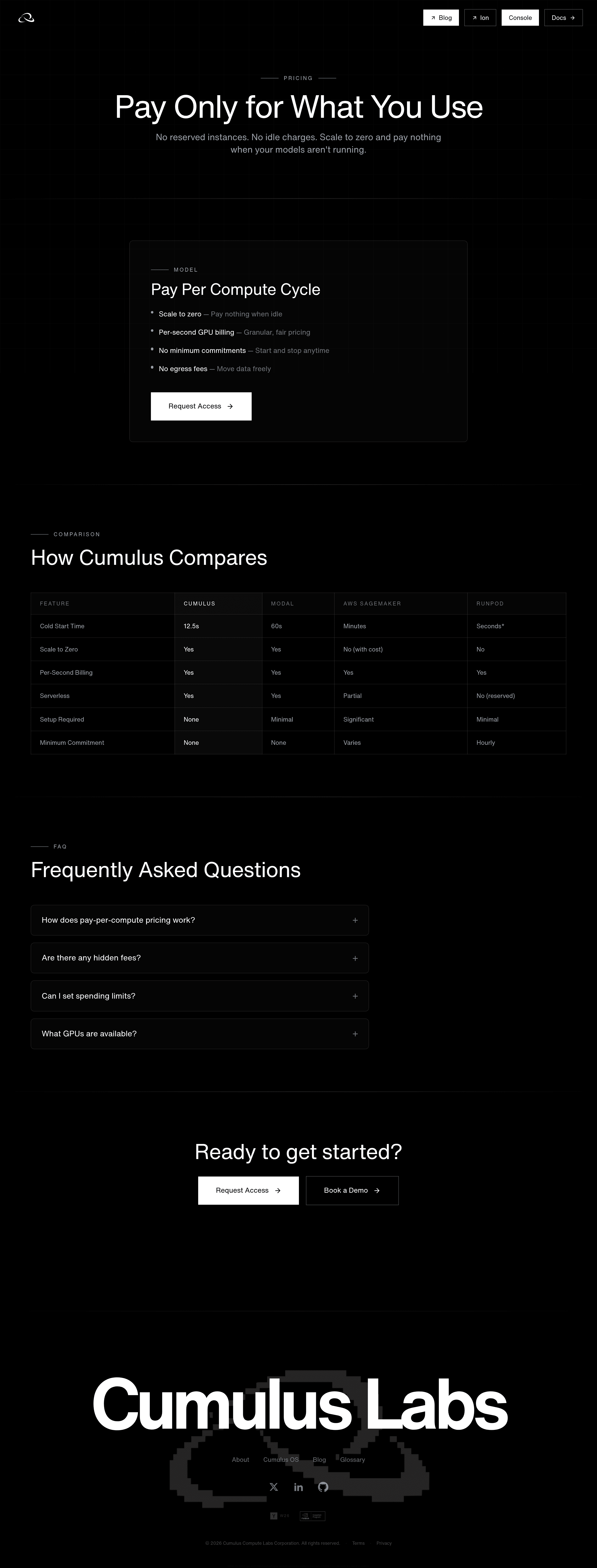 Cumulus Labs pricing page screenshot