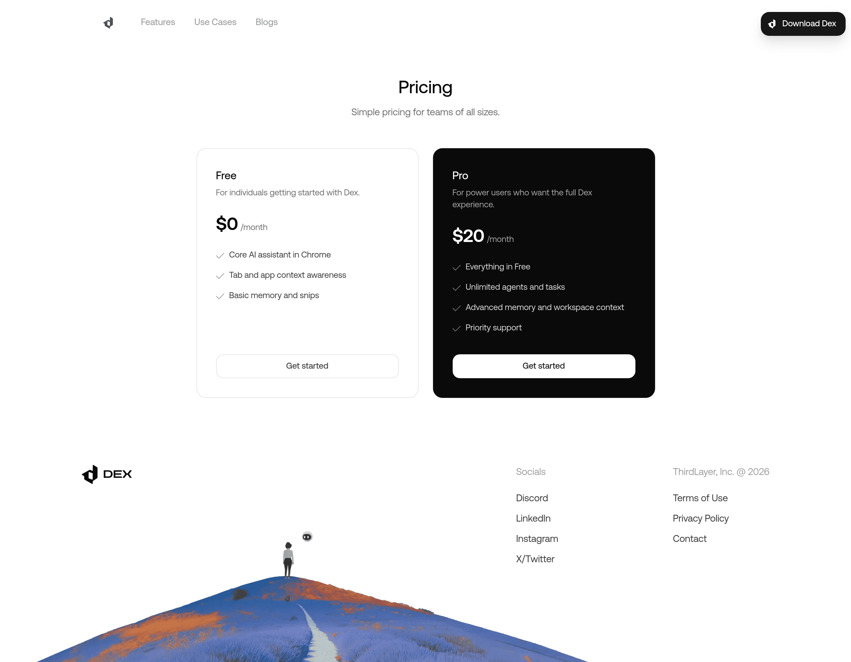 Dex pricing page screenshot