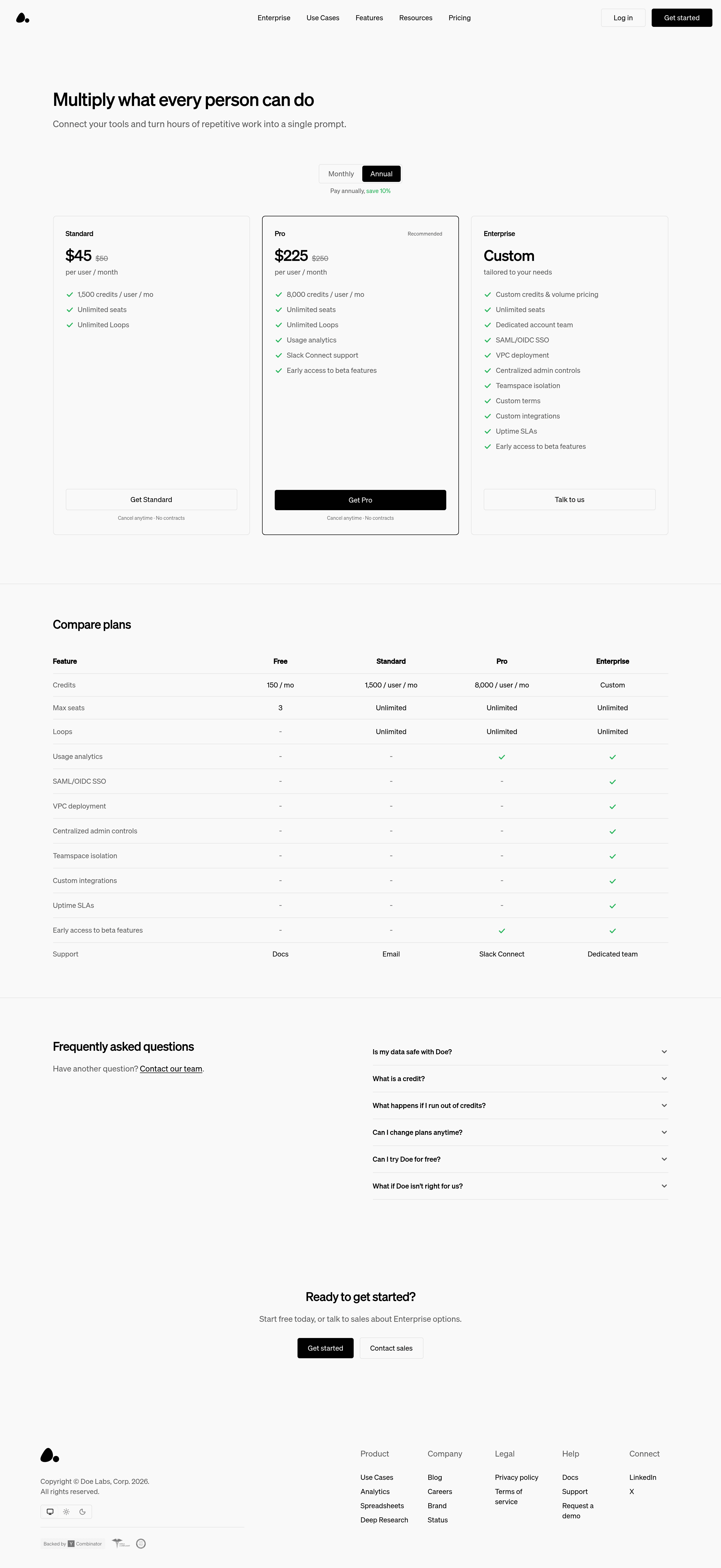 Doe pricing page screenshot