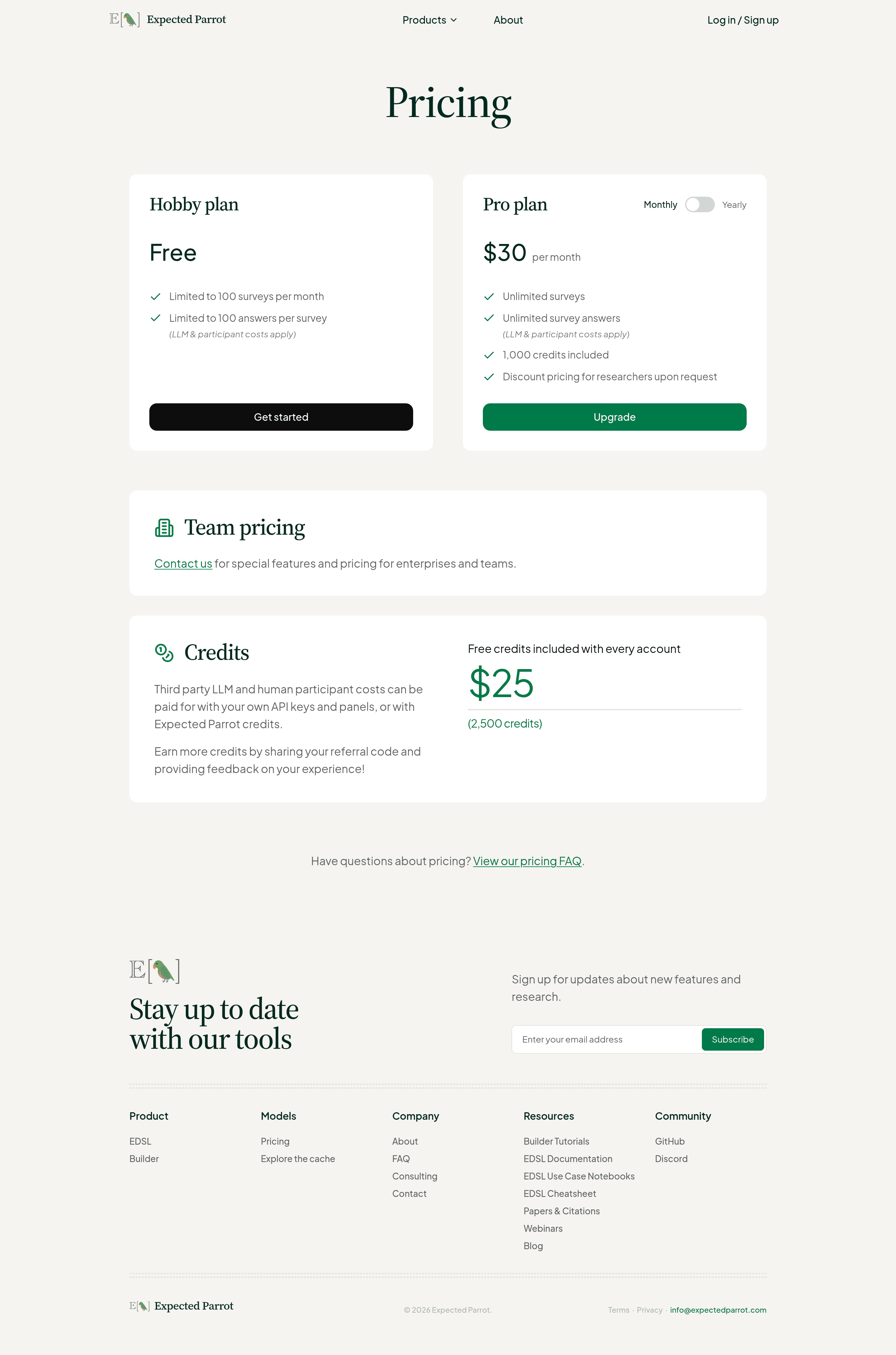 Expected Parrot pricing page screenshot