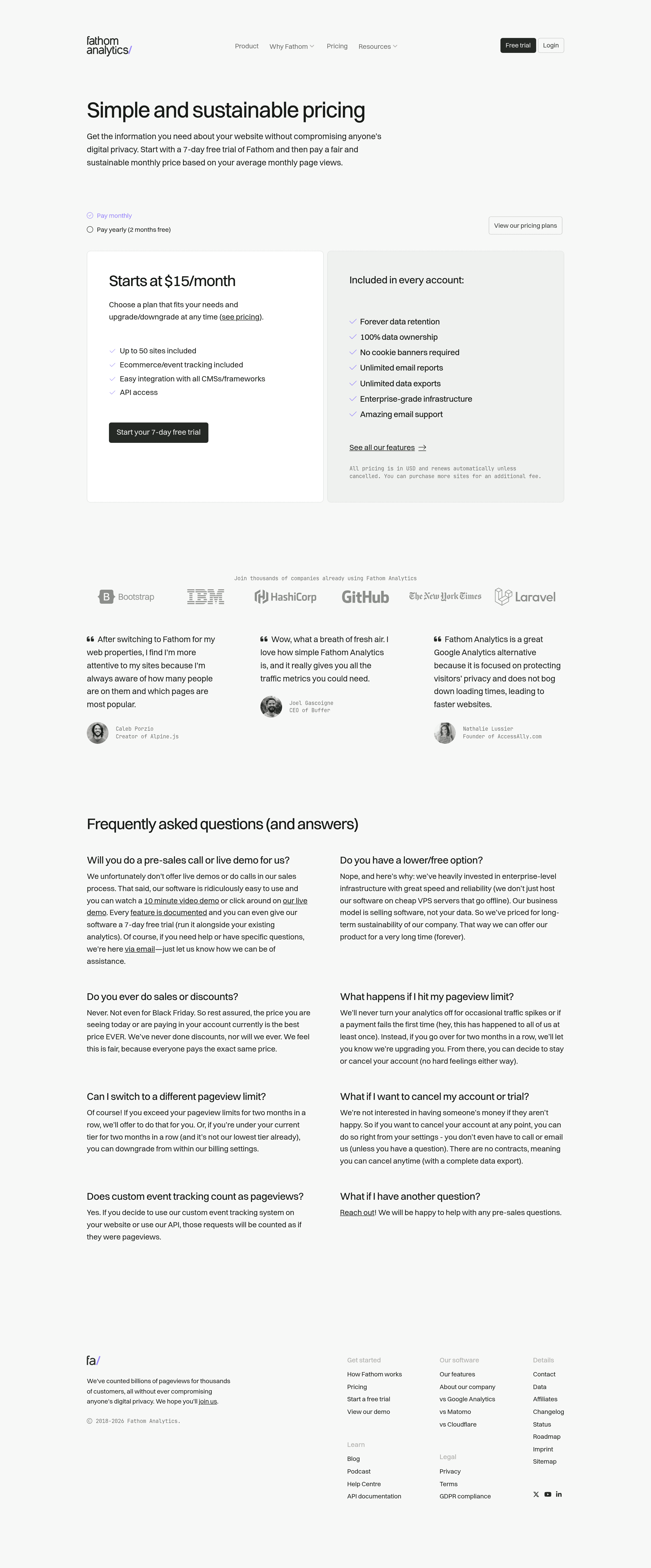 Fathom Analytics pricing page screenshot