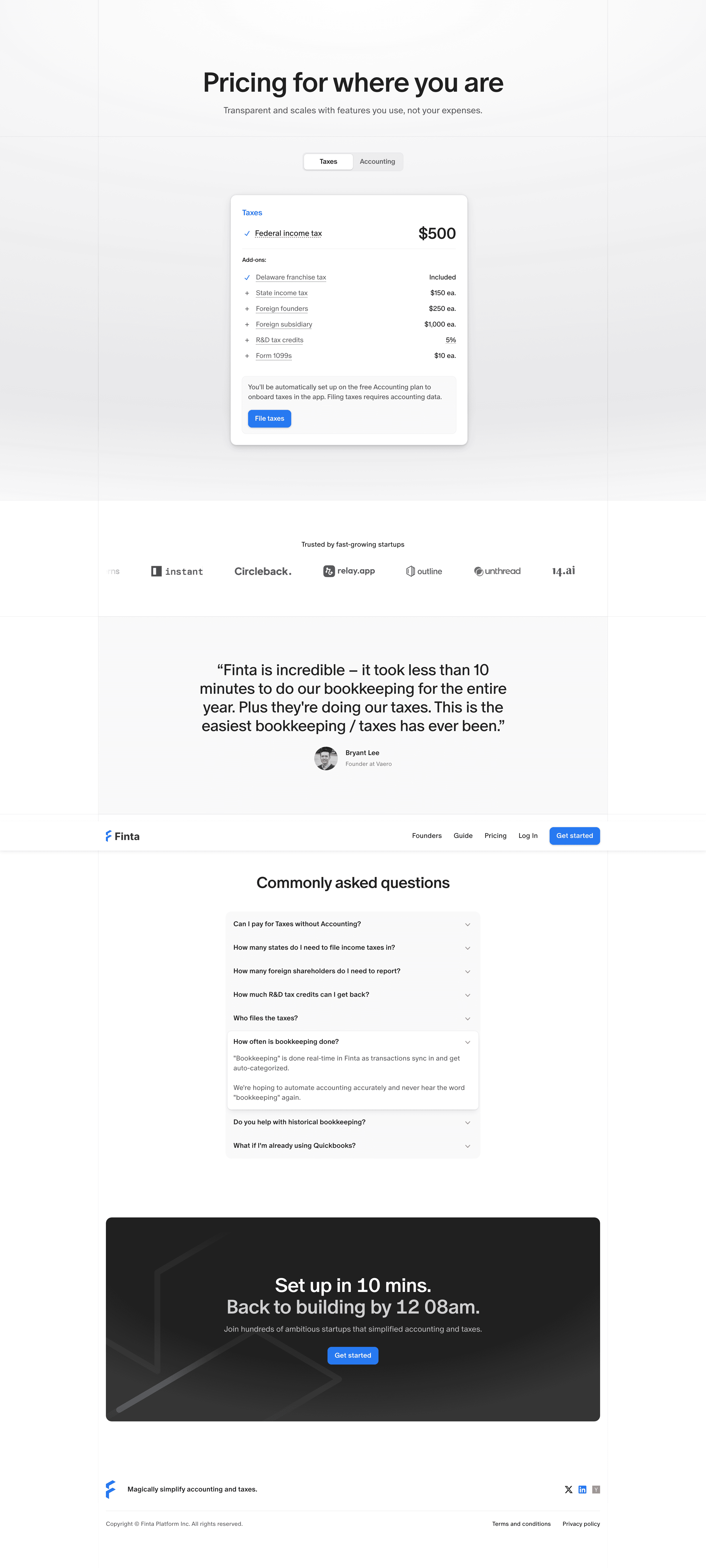 Finta pricing page screenshot