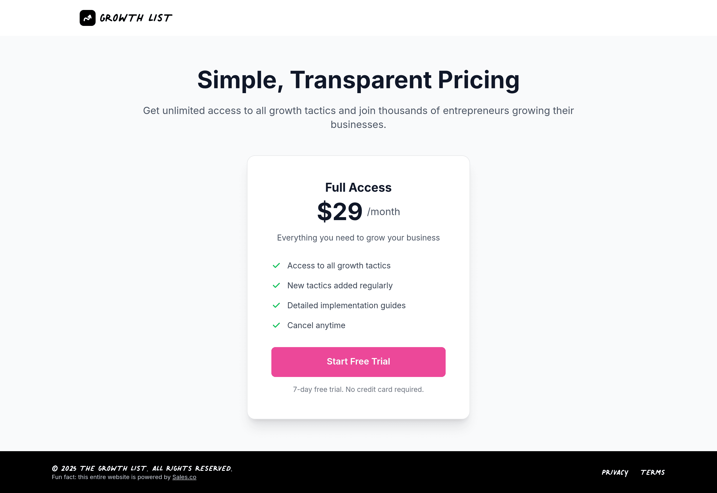 GrowthList 2.0 pricing page screenshot