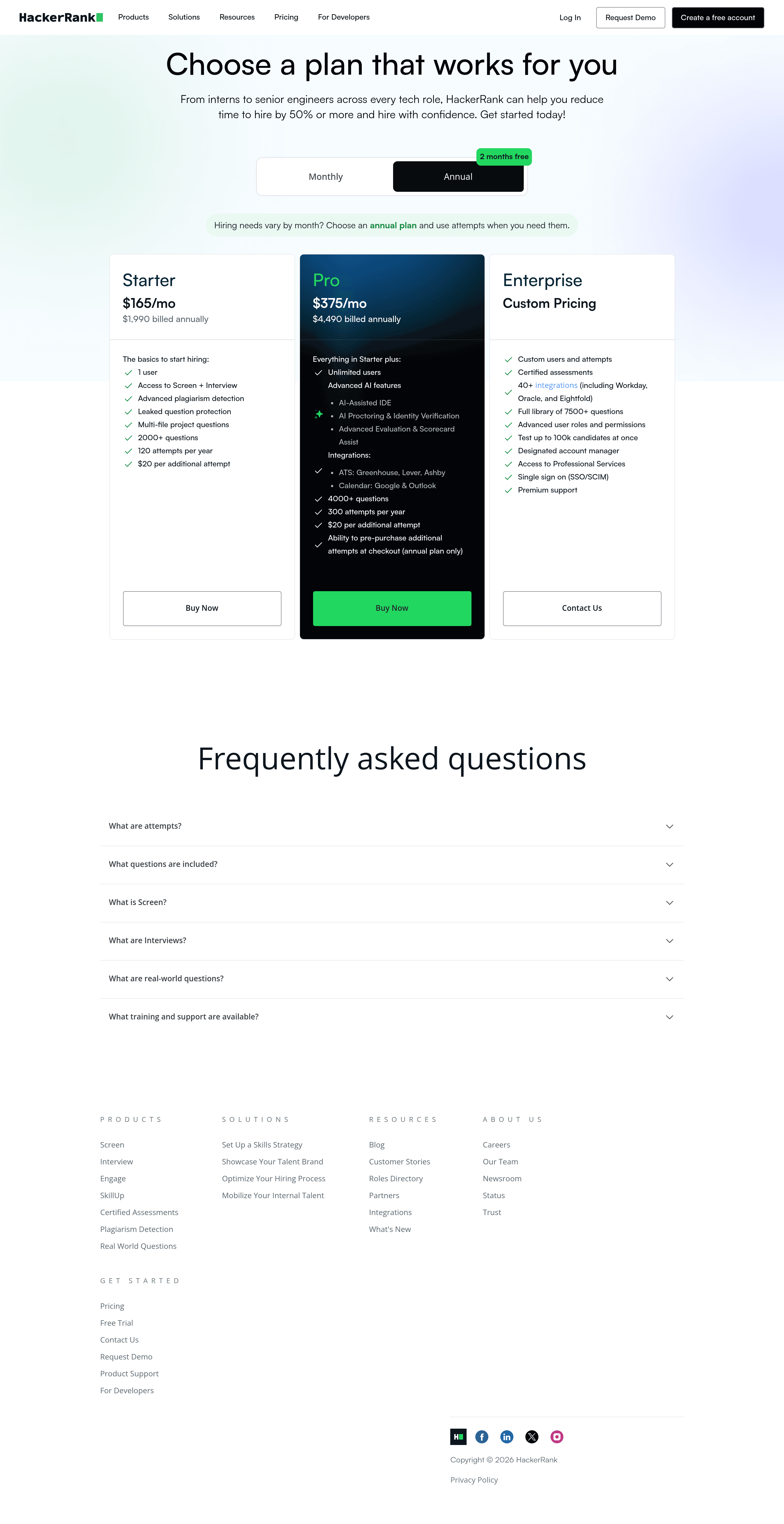 HackerRank pricing page screenshot