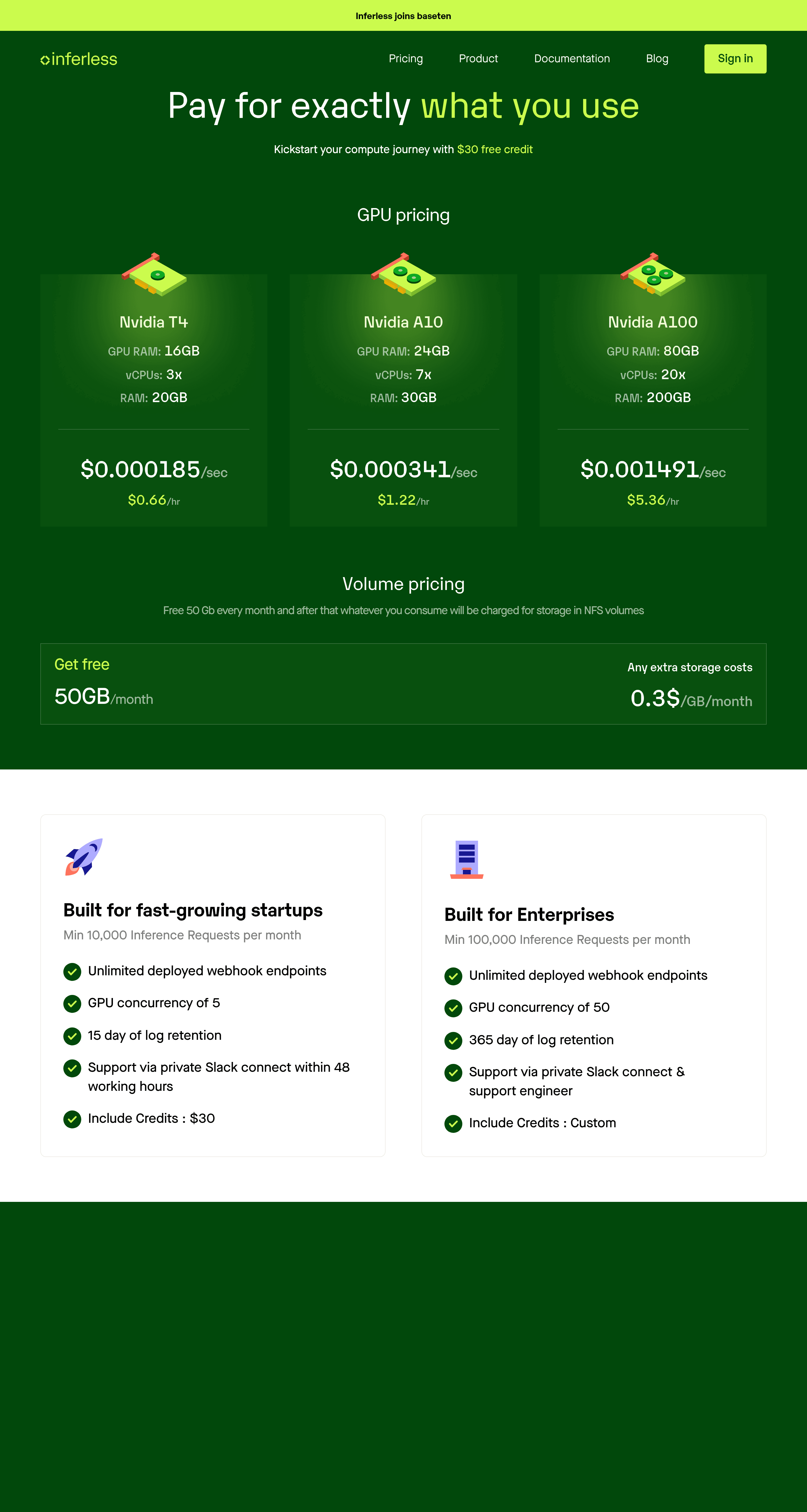 Inferless pricing page screenshot