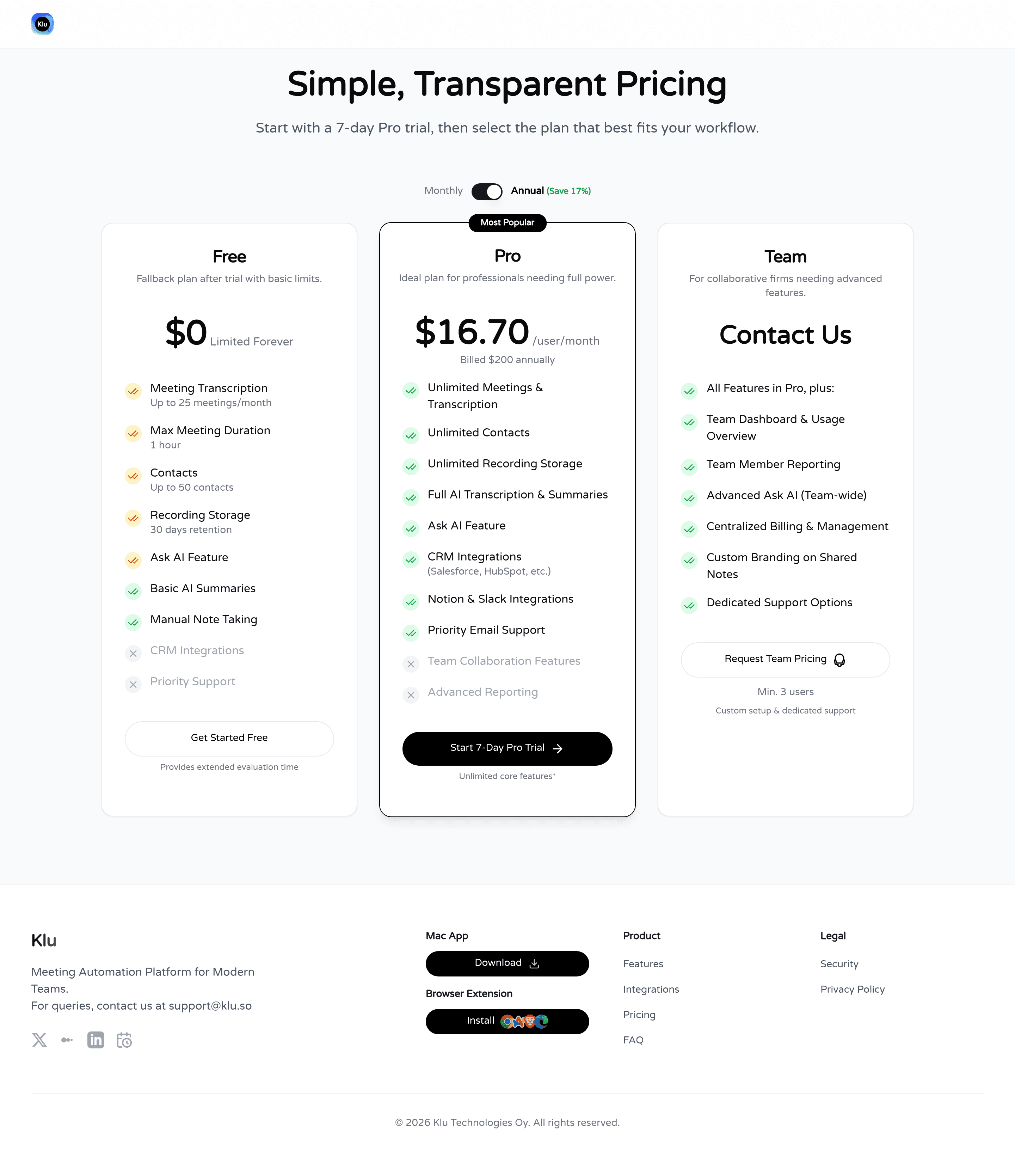 Klu AI pricing page screenshot