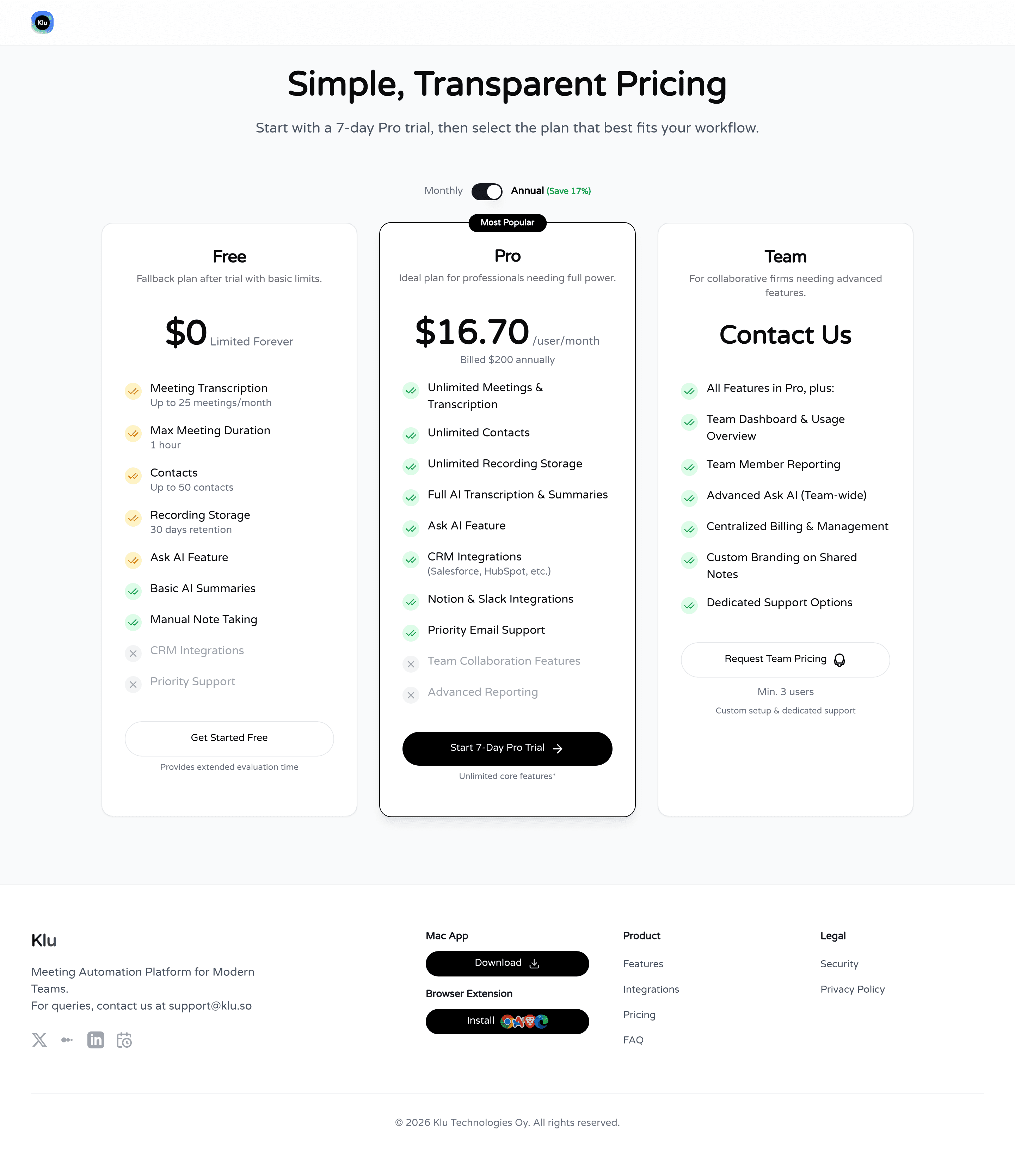 Klu pricing page screenshot