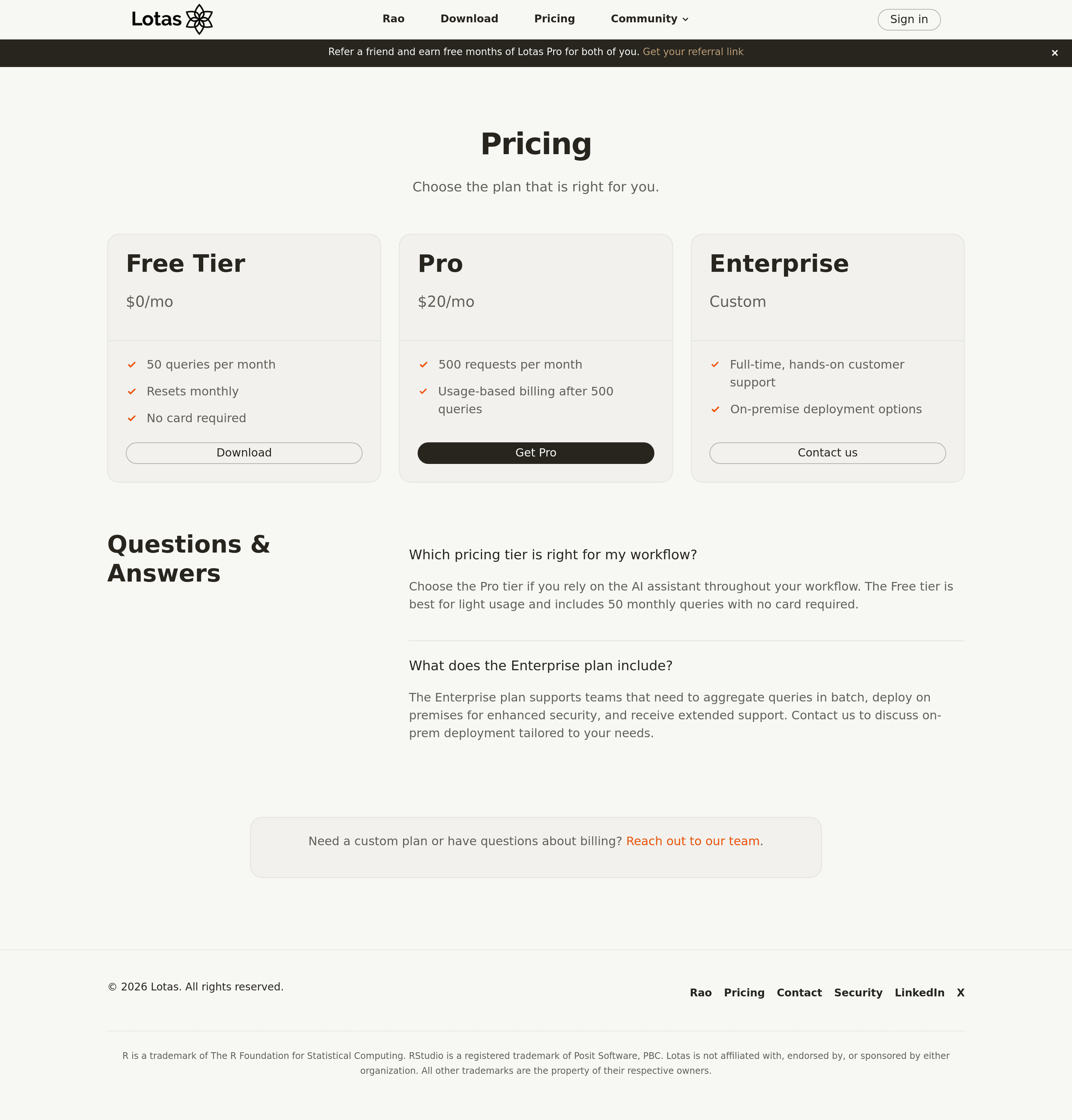 Lotas pricing page screenshot