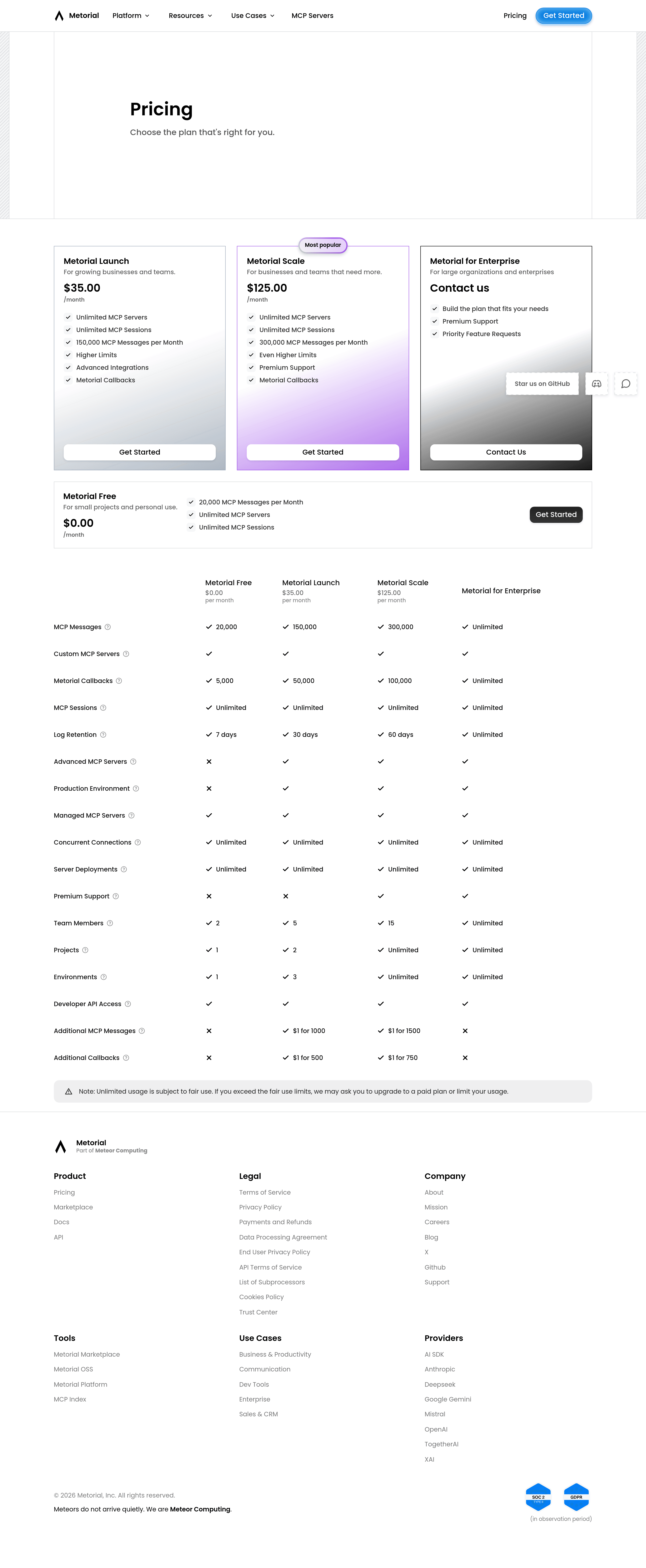 Metorial pricing page screenshot
