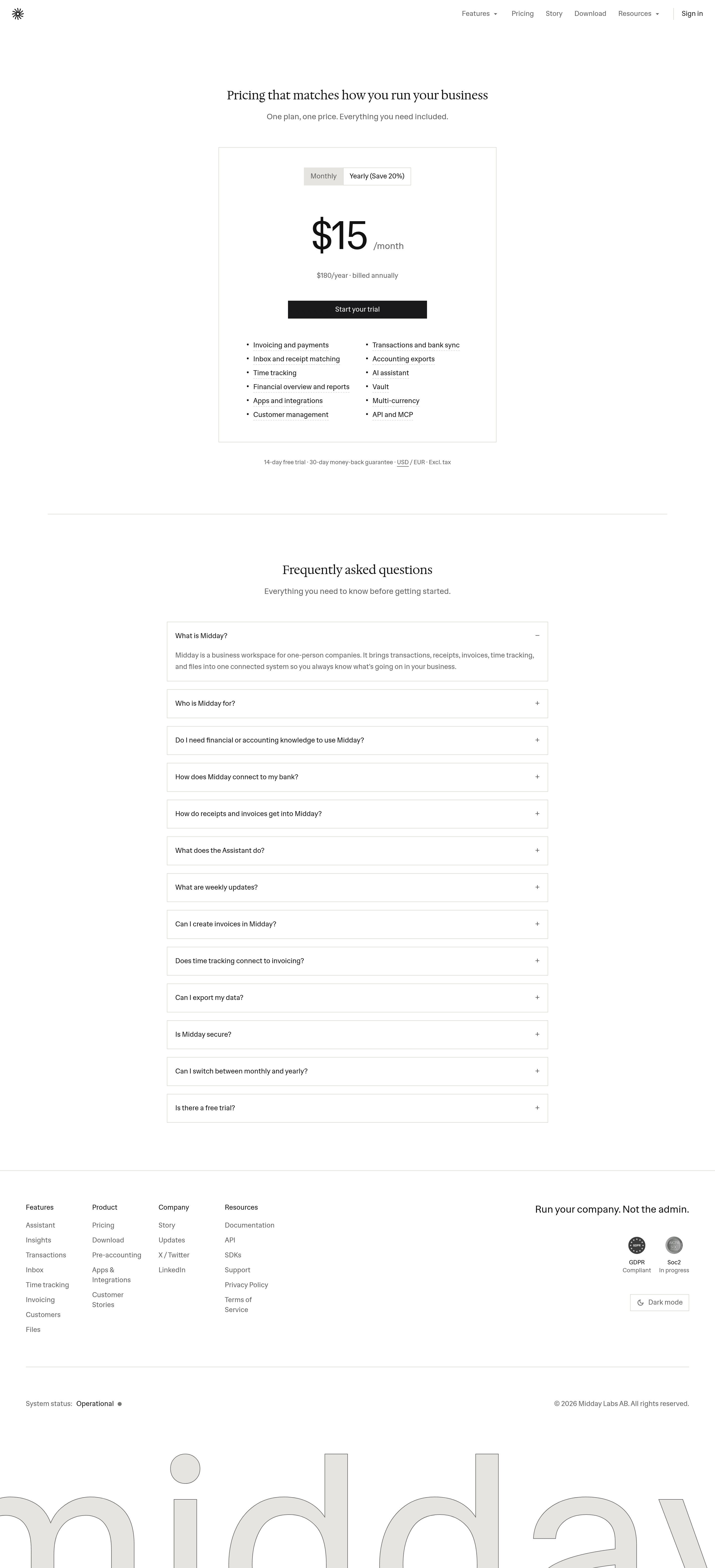 Midday pricing page screenshot