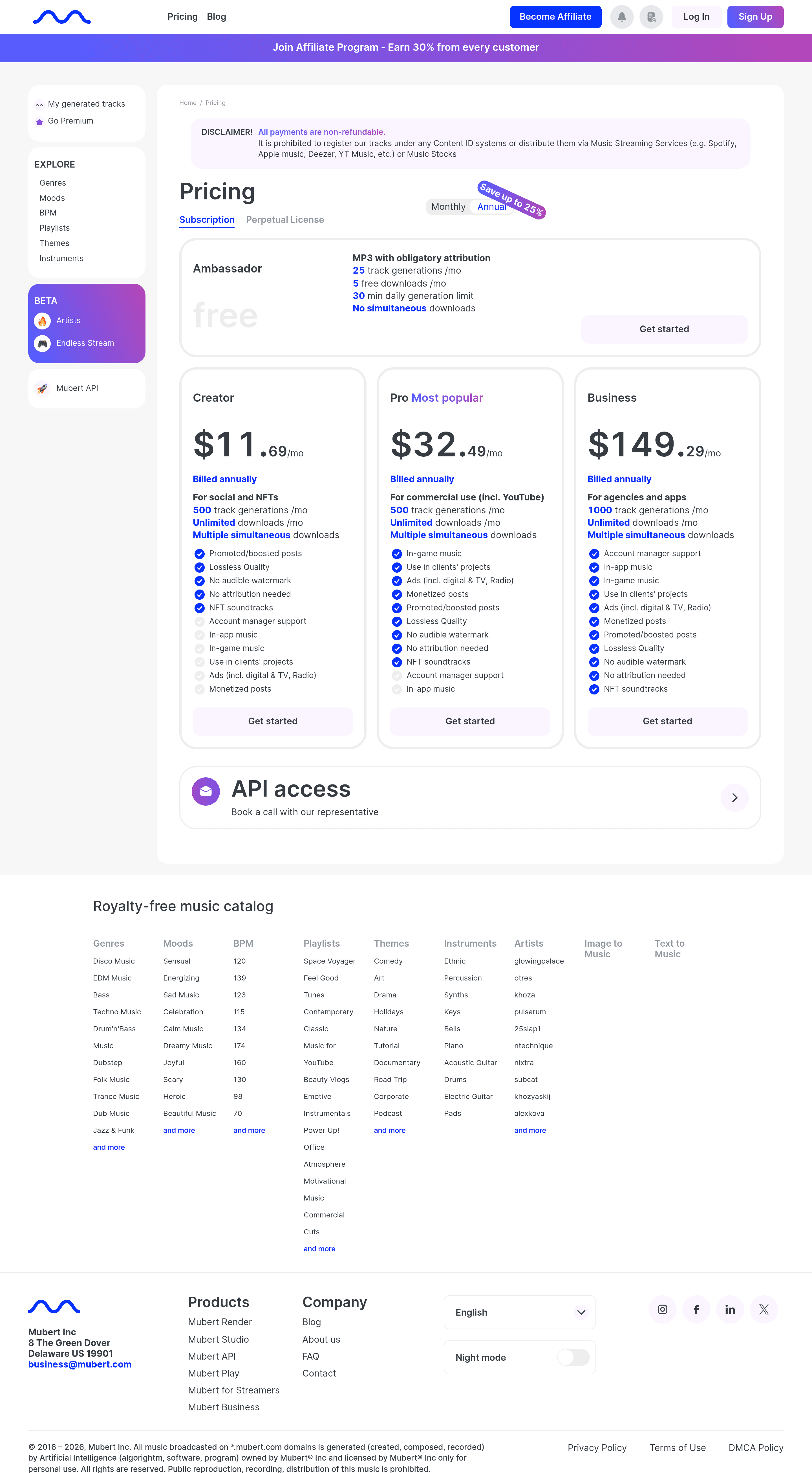 Mubert Render pricing page screenshot