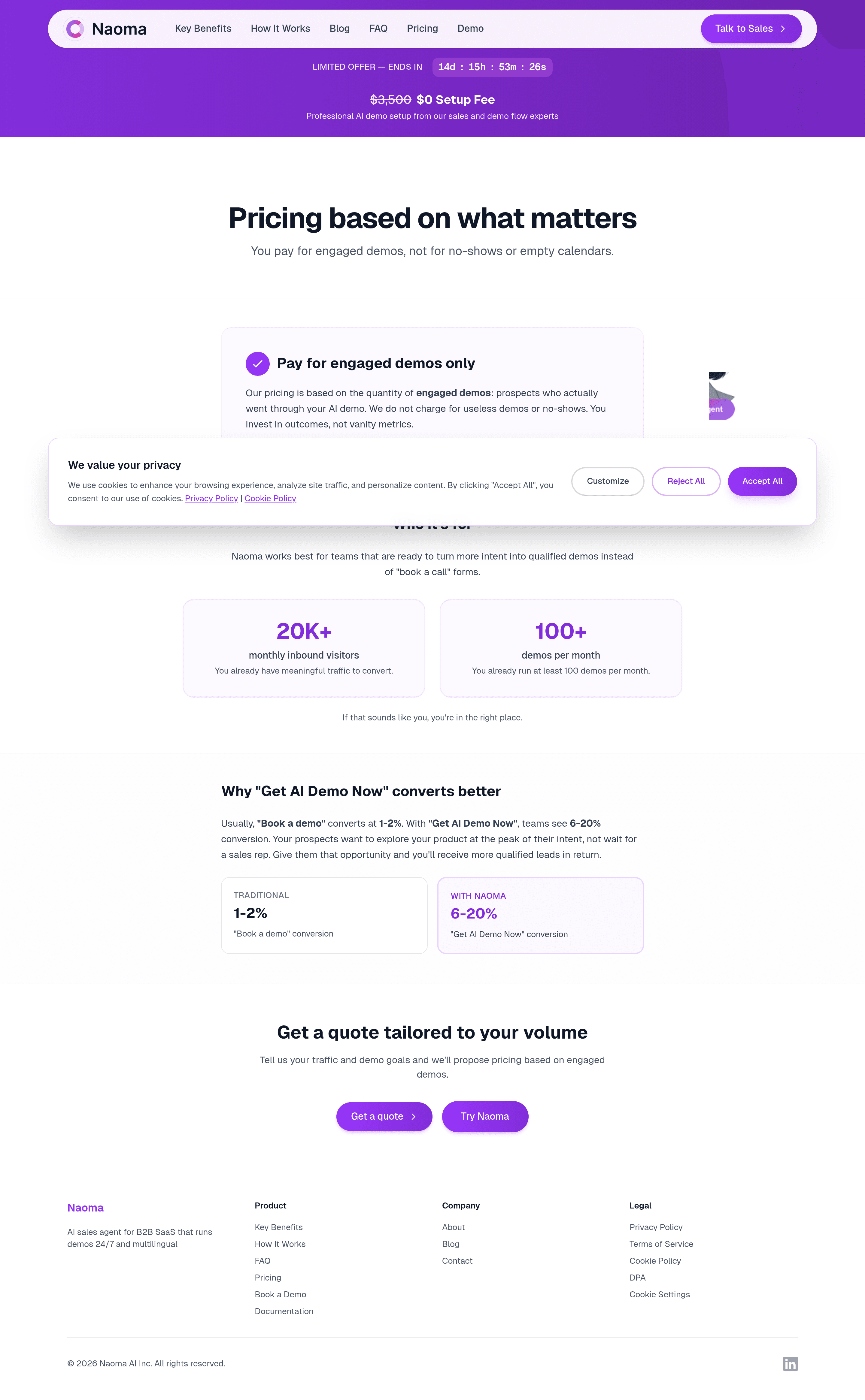 Naoma AI Demo Agent pricing page screenshot
