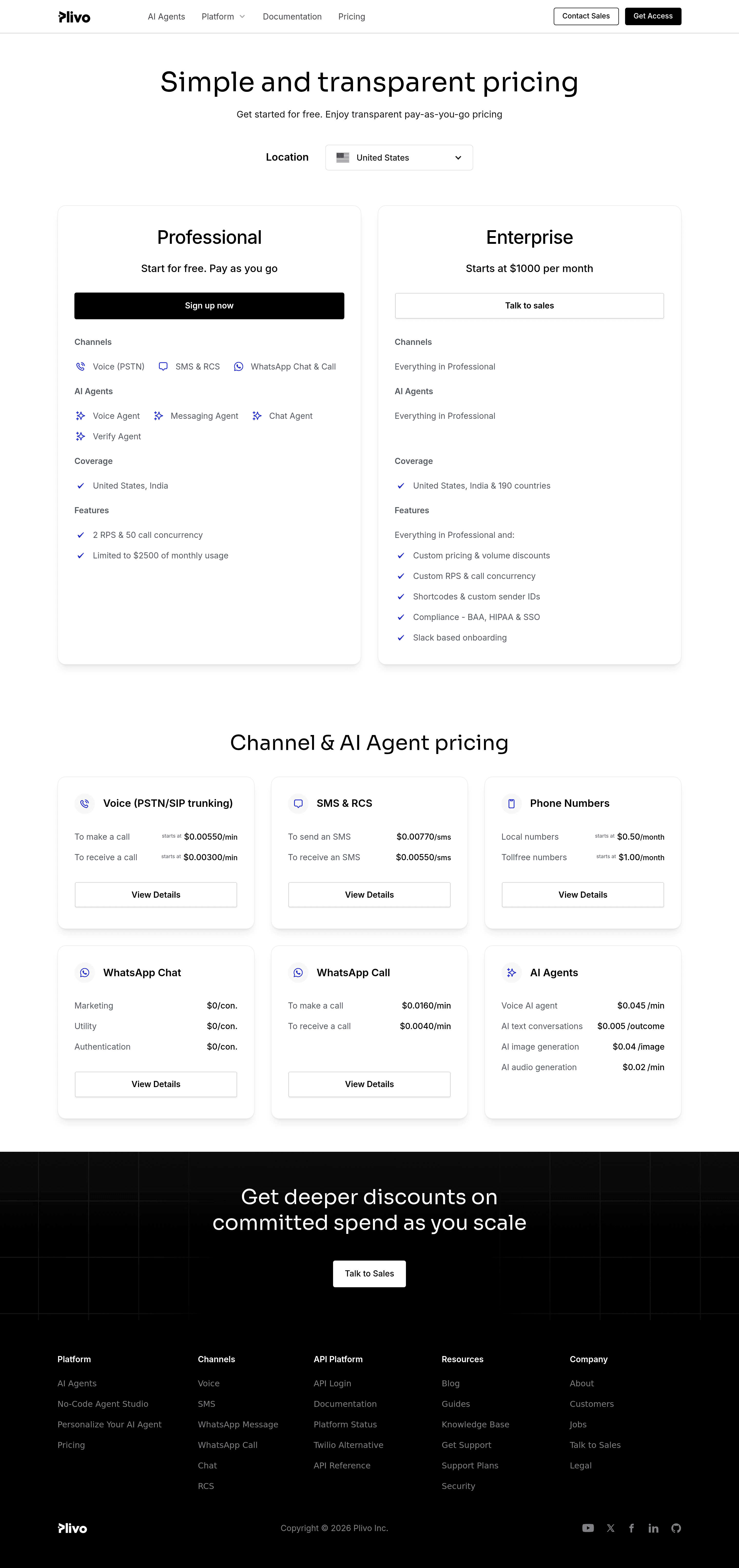 Plivo pricing page screenshot