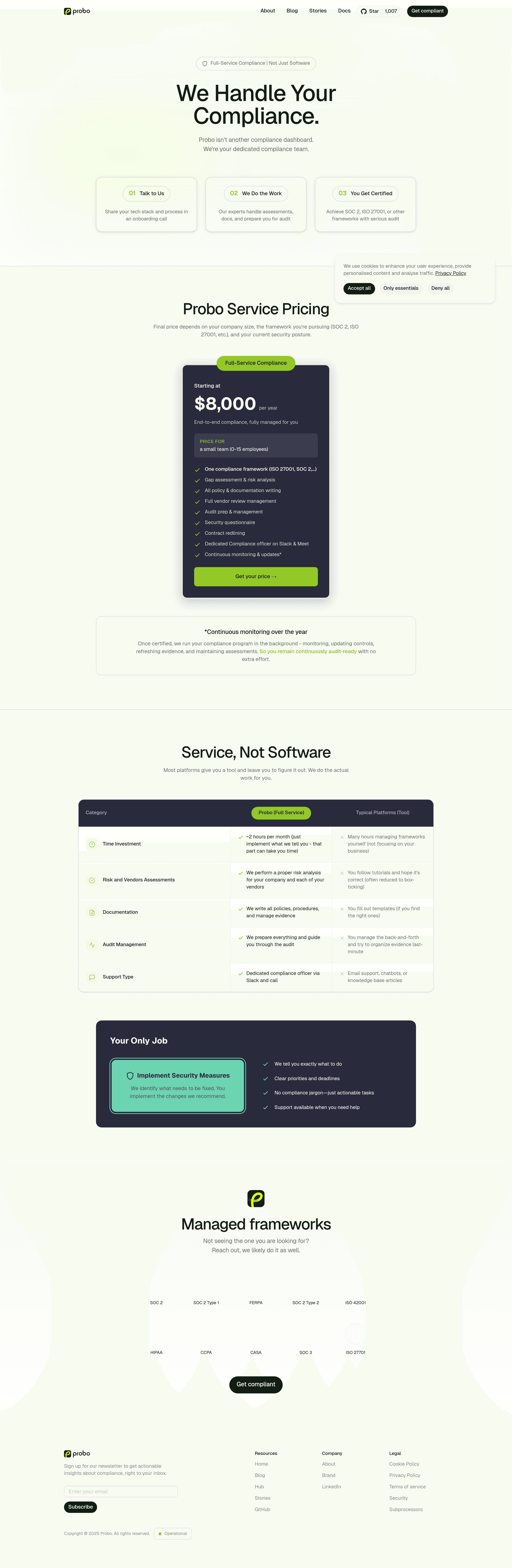 Probo pricing page screenshot