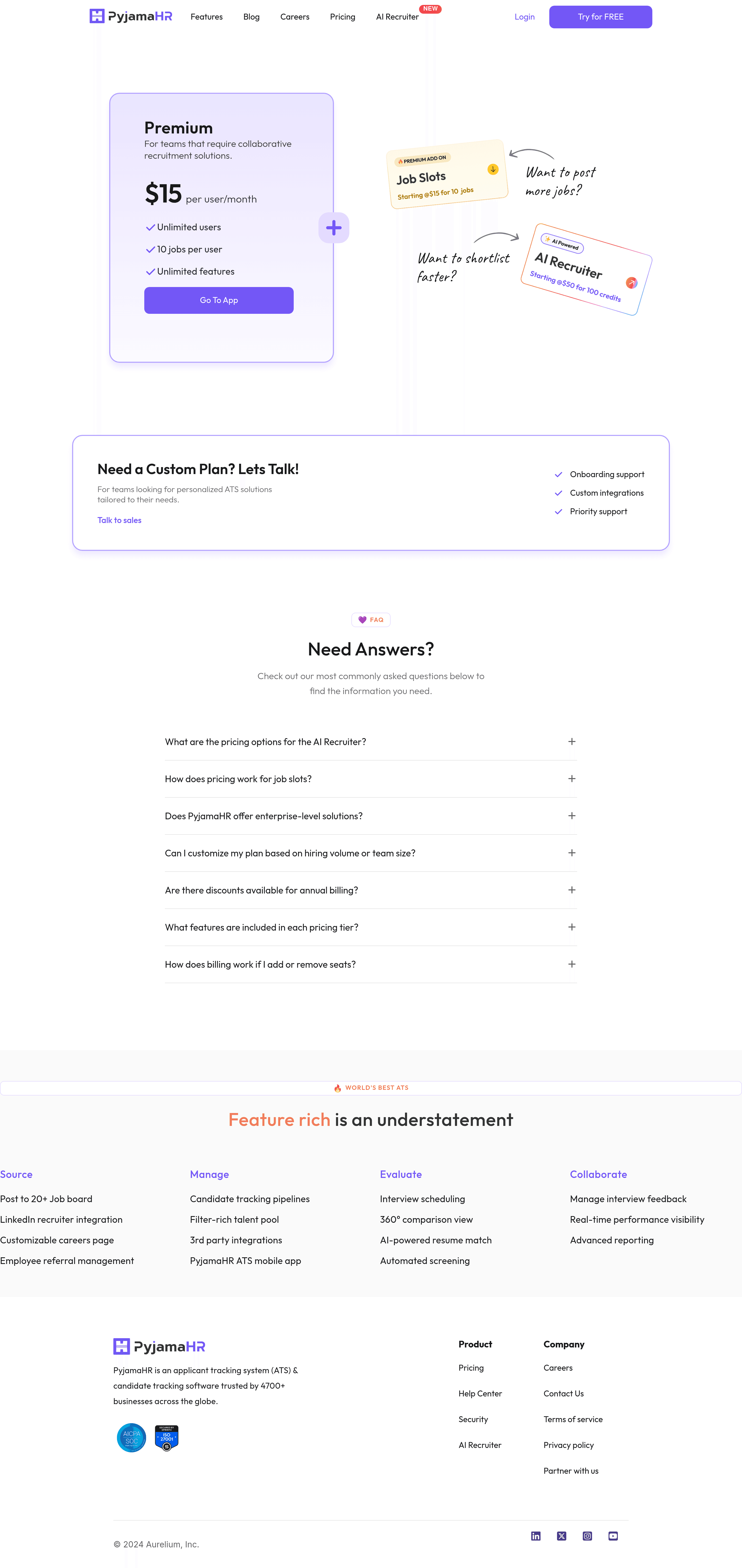 PyjamaHR pricing page screenshot