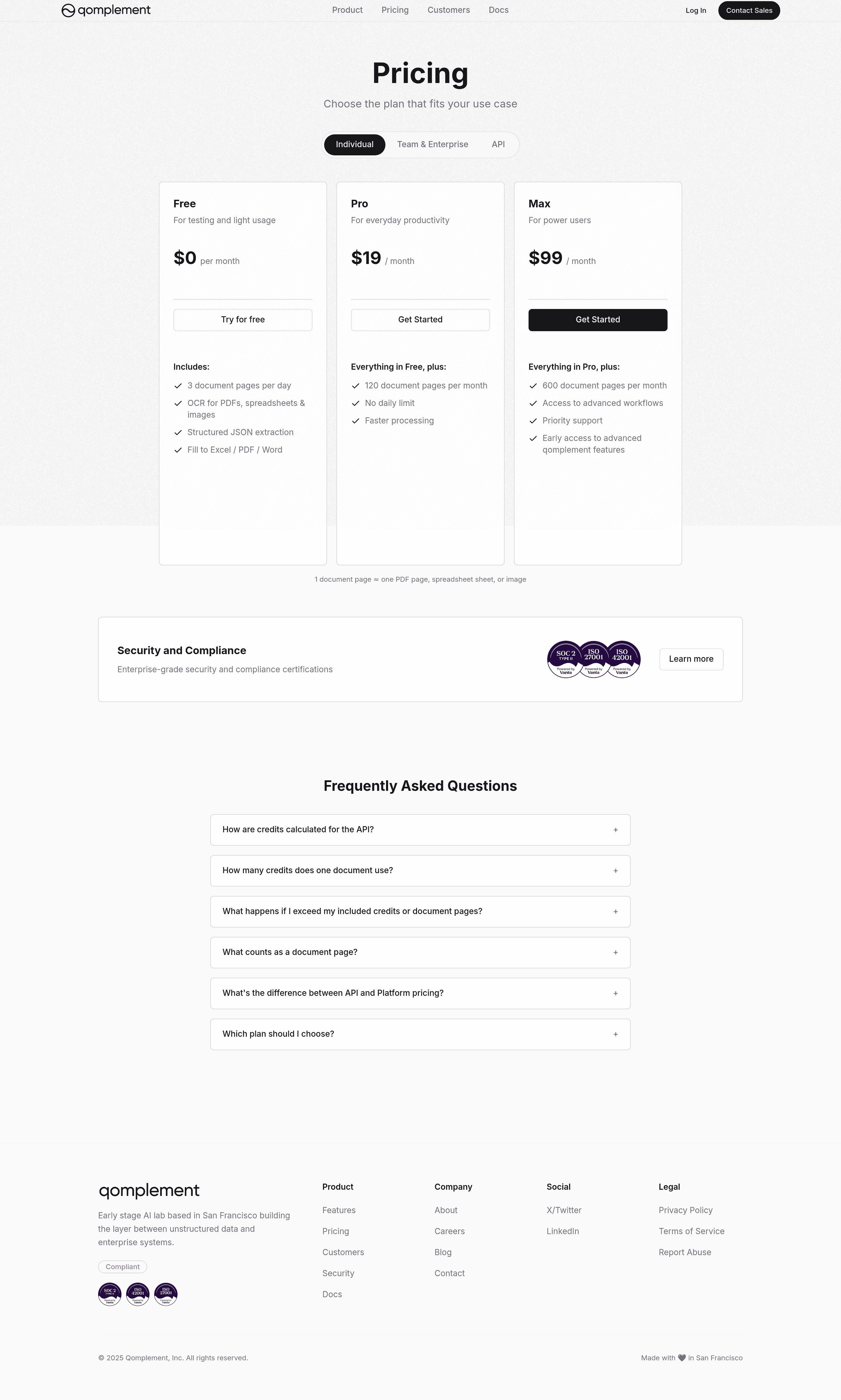 qomplement pricing page screenshot