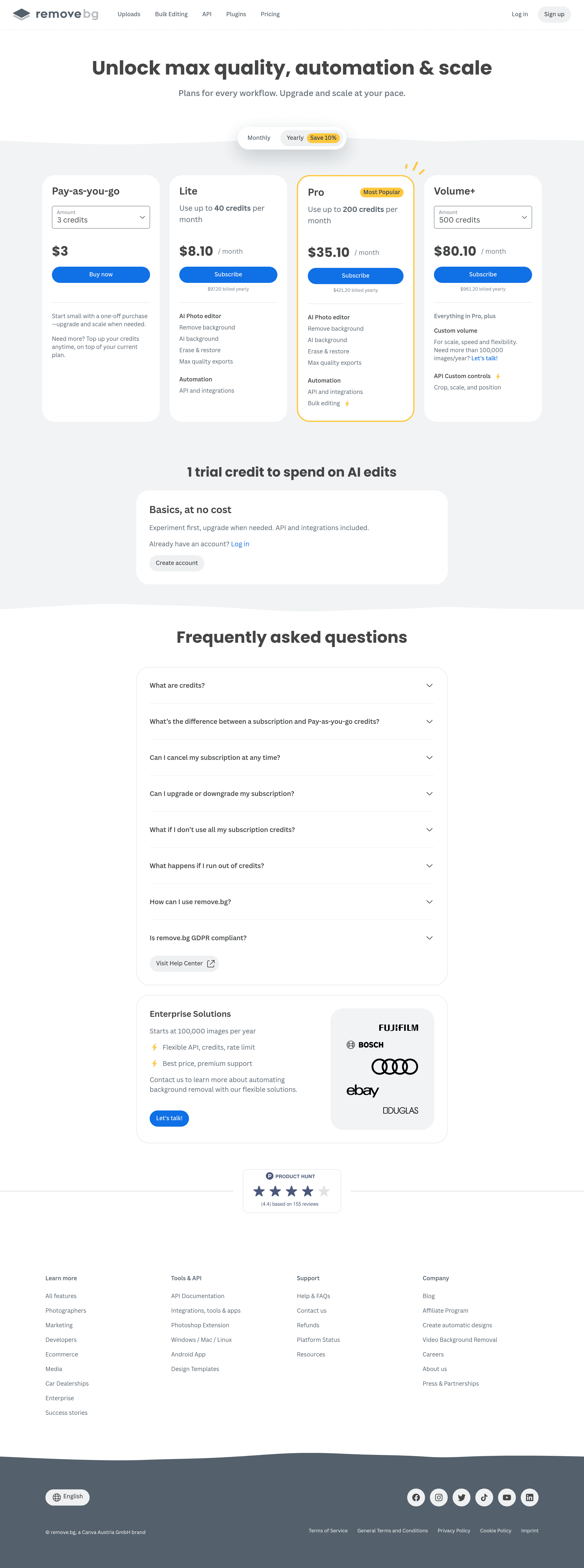 remove.bg pricing page screenshot