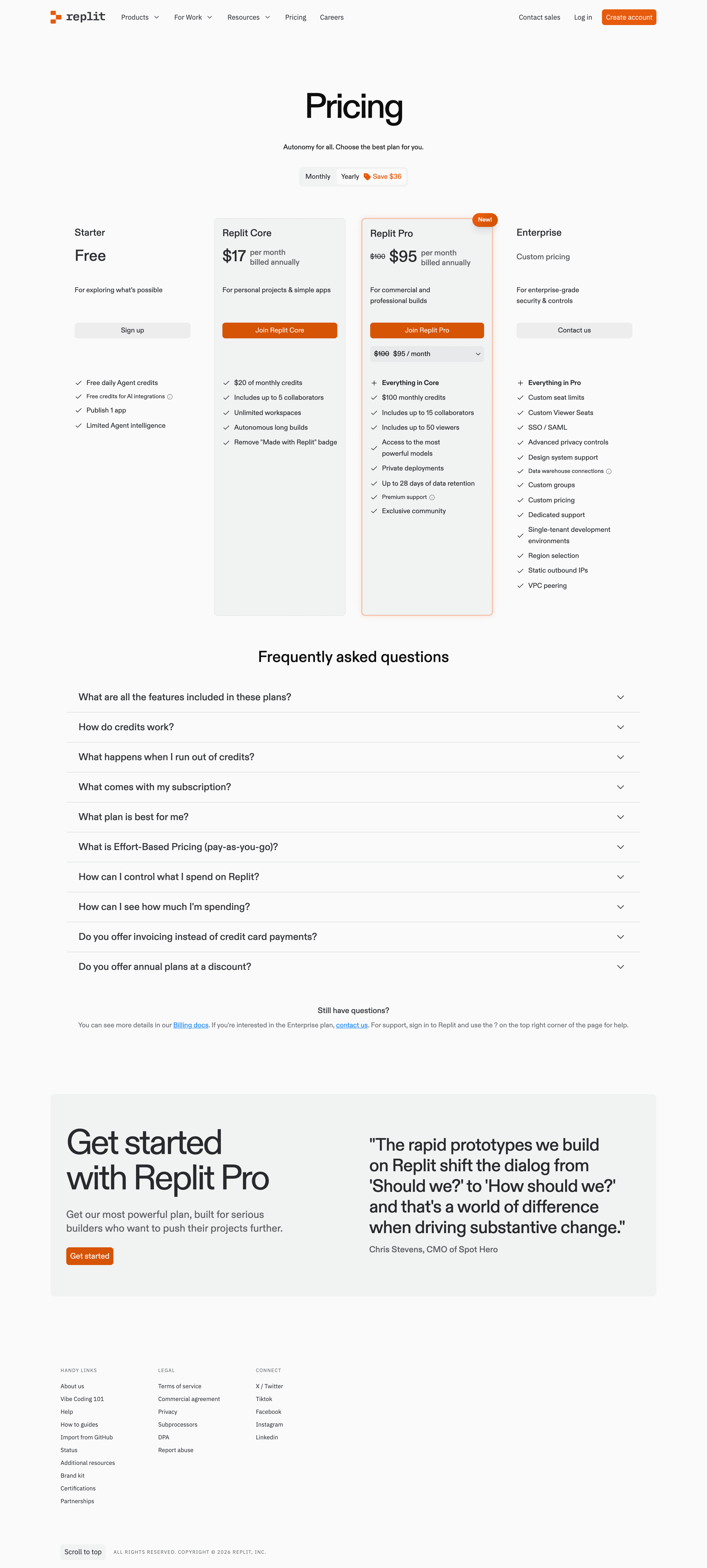 Replit pricing page screenshot