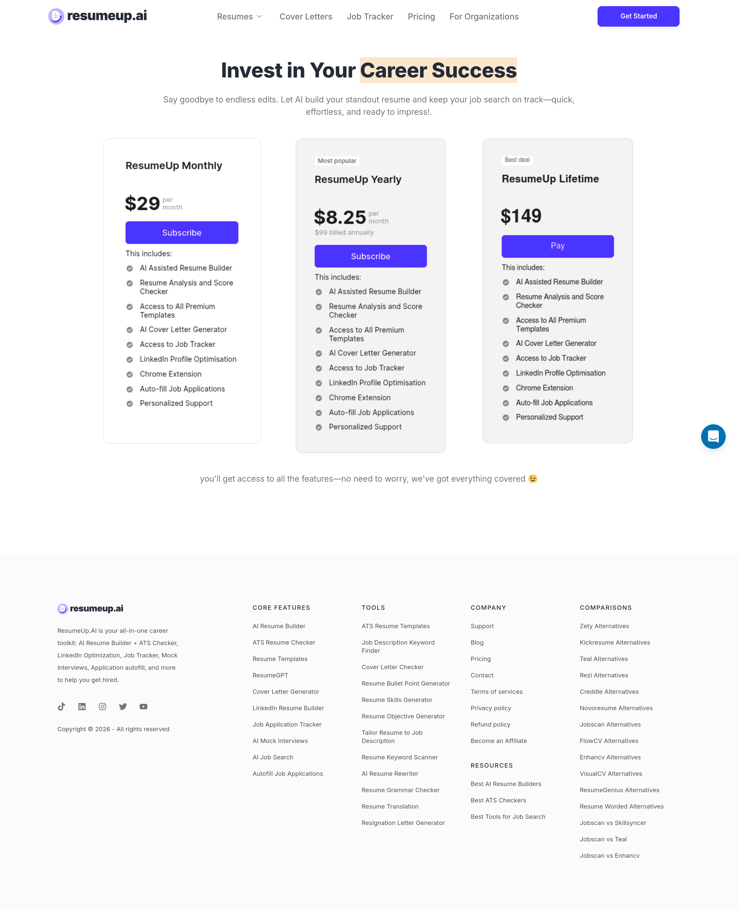 ResumeUp 2.0 pricing page screenshot