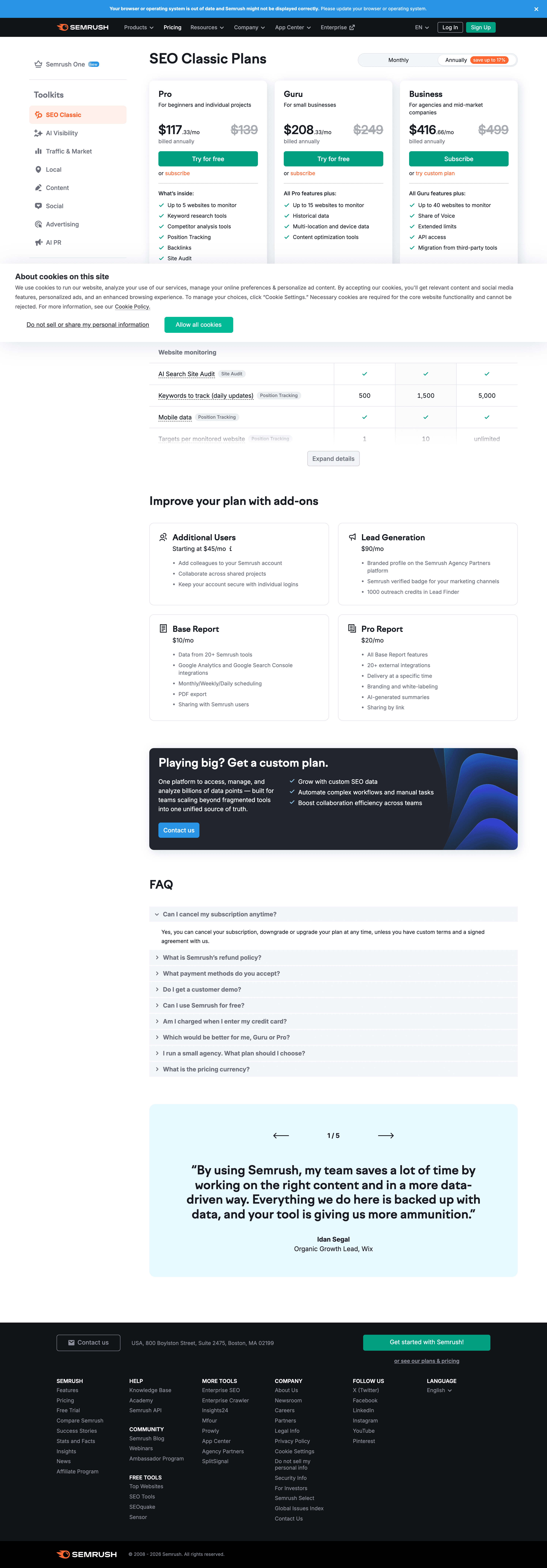 Semrush pricing page screenshot