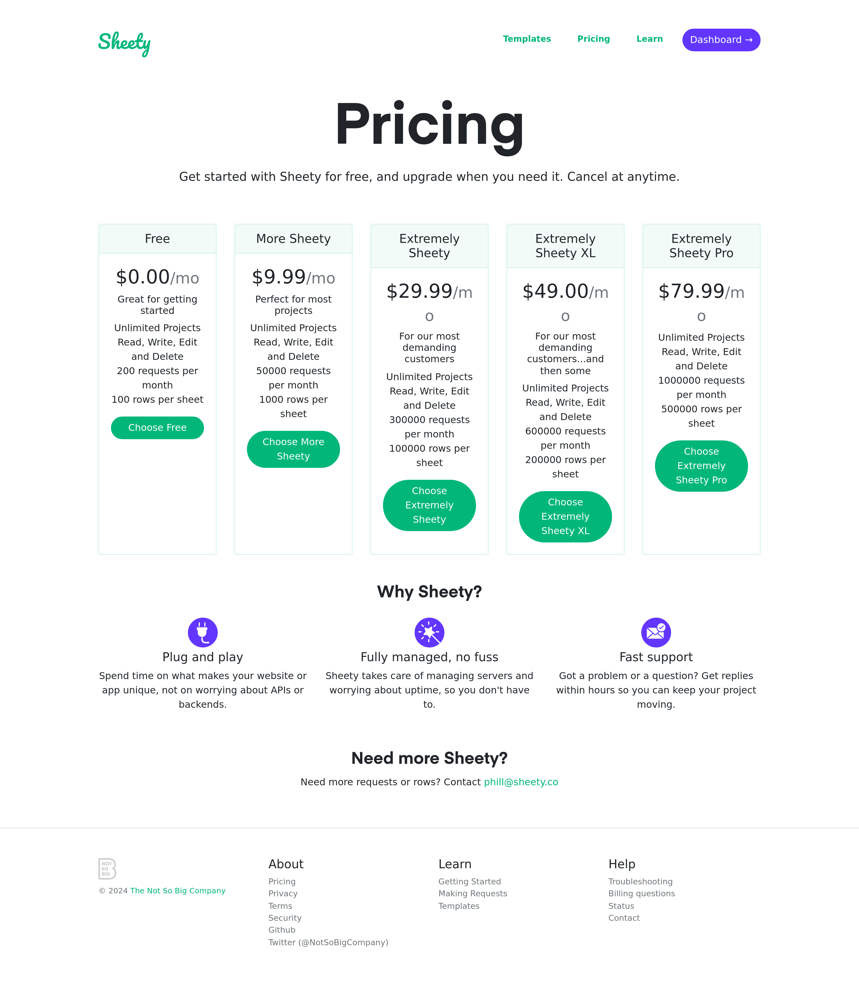 Sheety pricing page screenshot