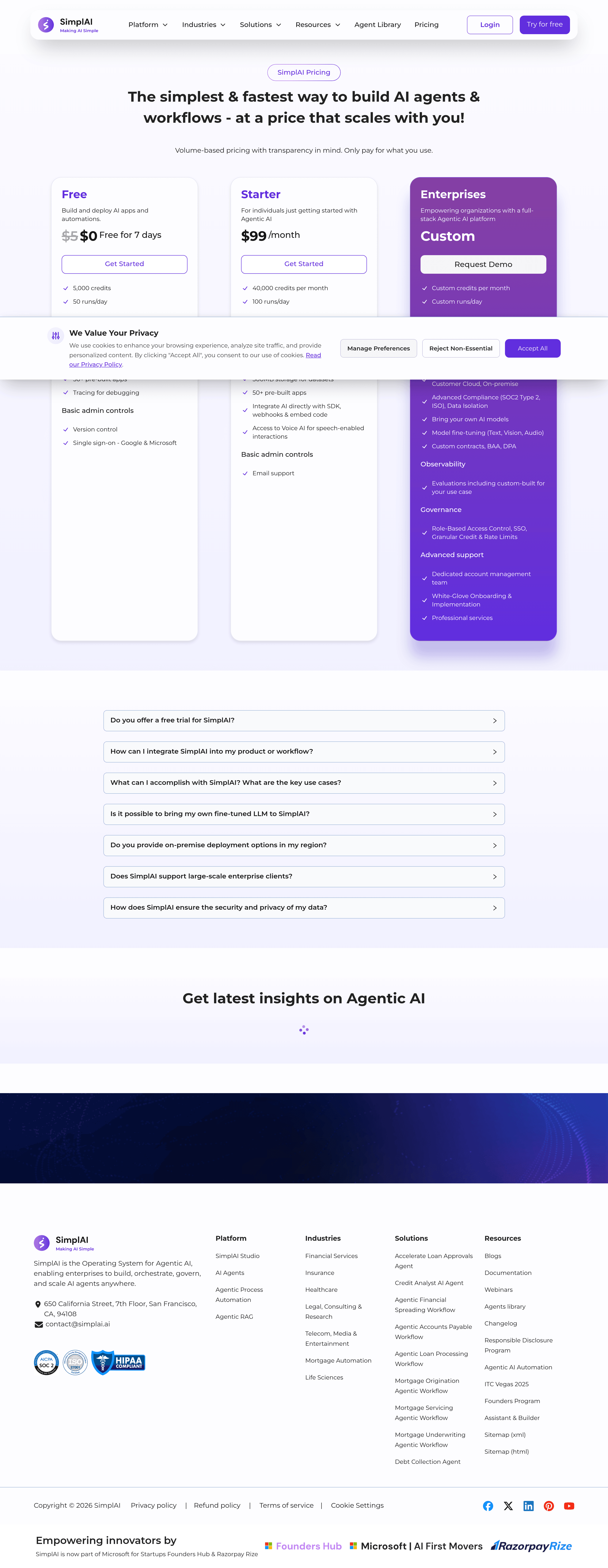 SimplAI pricing page screenshot