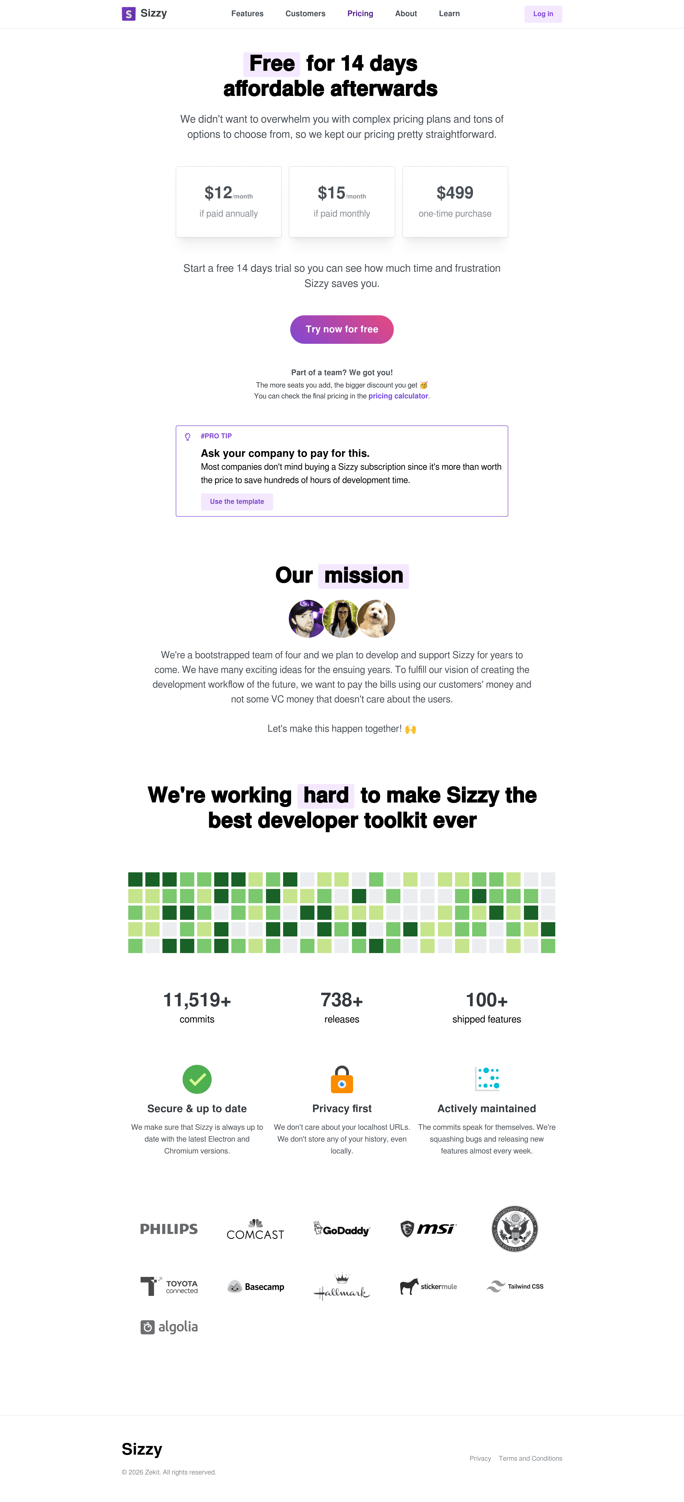 Sizzy pricing page screenshot